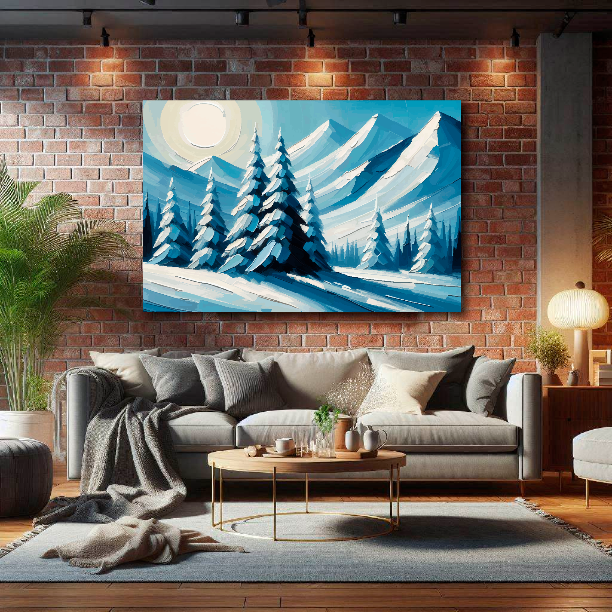 Living room with a gray sofa, coffee table, and a mountain painting on a brick wall.
