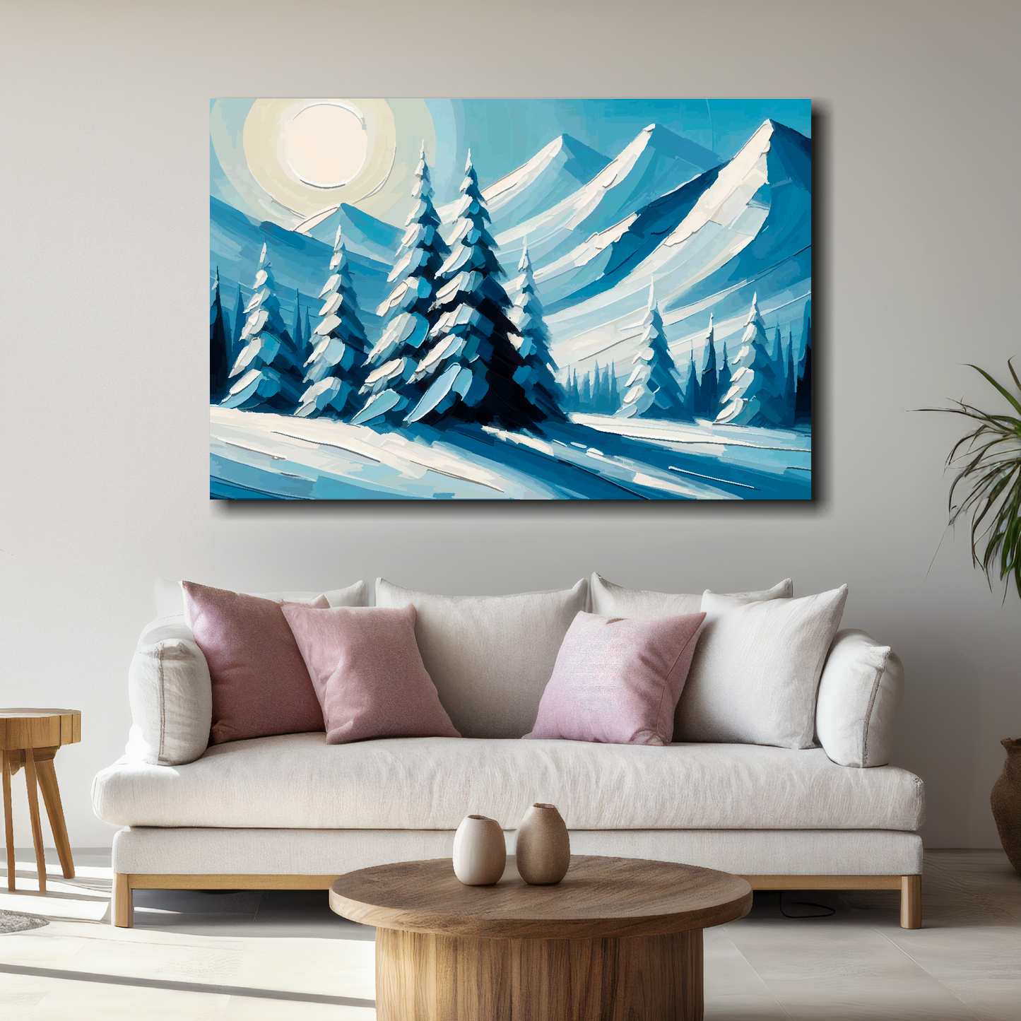 Winter landscape painting above a white sofa with colorful cushions in a living room.
