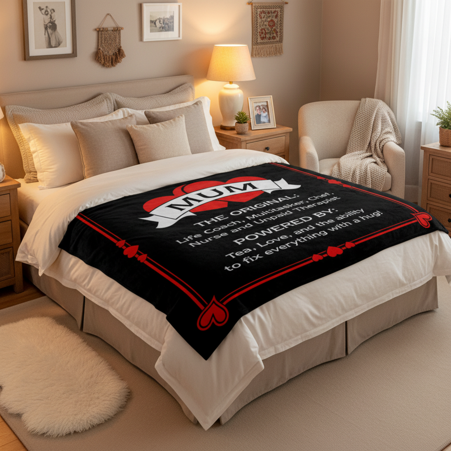 Mum fleece blanket - cosy black throw perfect for sofa or bed - made in the UK