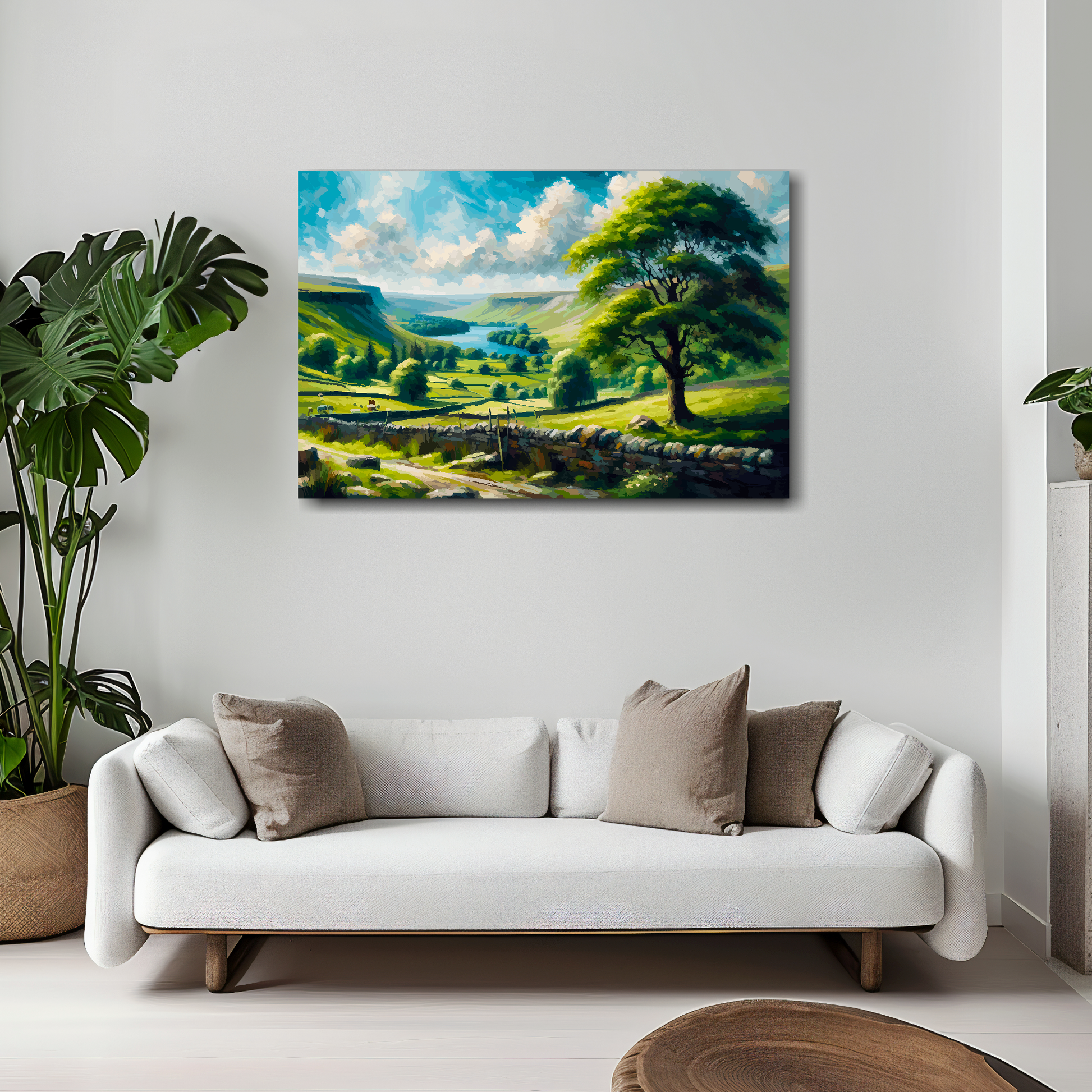 30 inch by 20 inch abstract canvas print of an English National Park. Mounted on a white wall above a white sofa with decorative pillows.