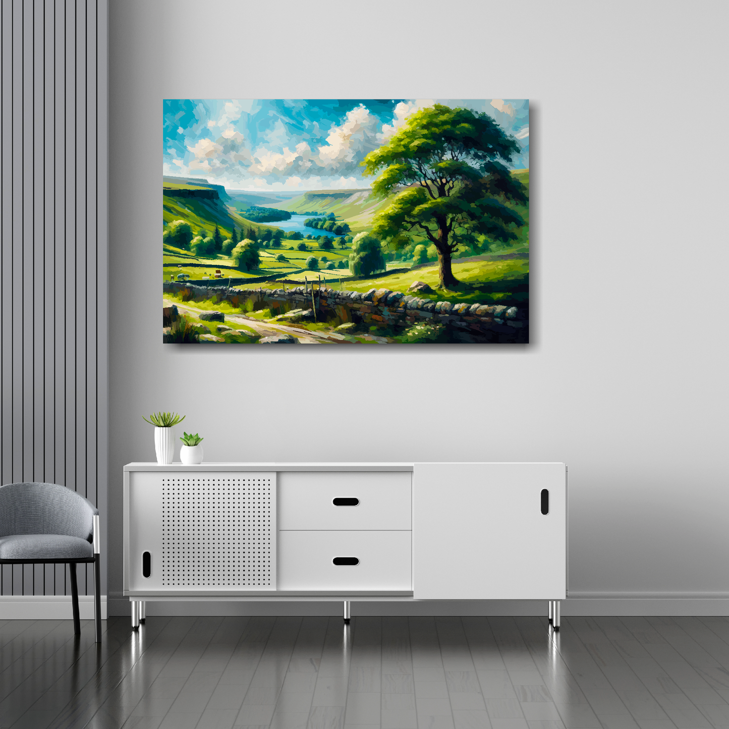 30 inch by 20 inch abstract canvas print of an English National Park. Mounted on a white wall above a white sideboard.