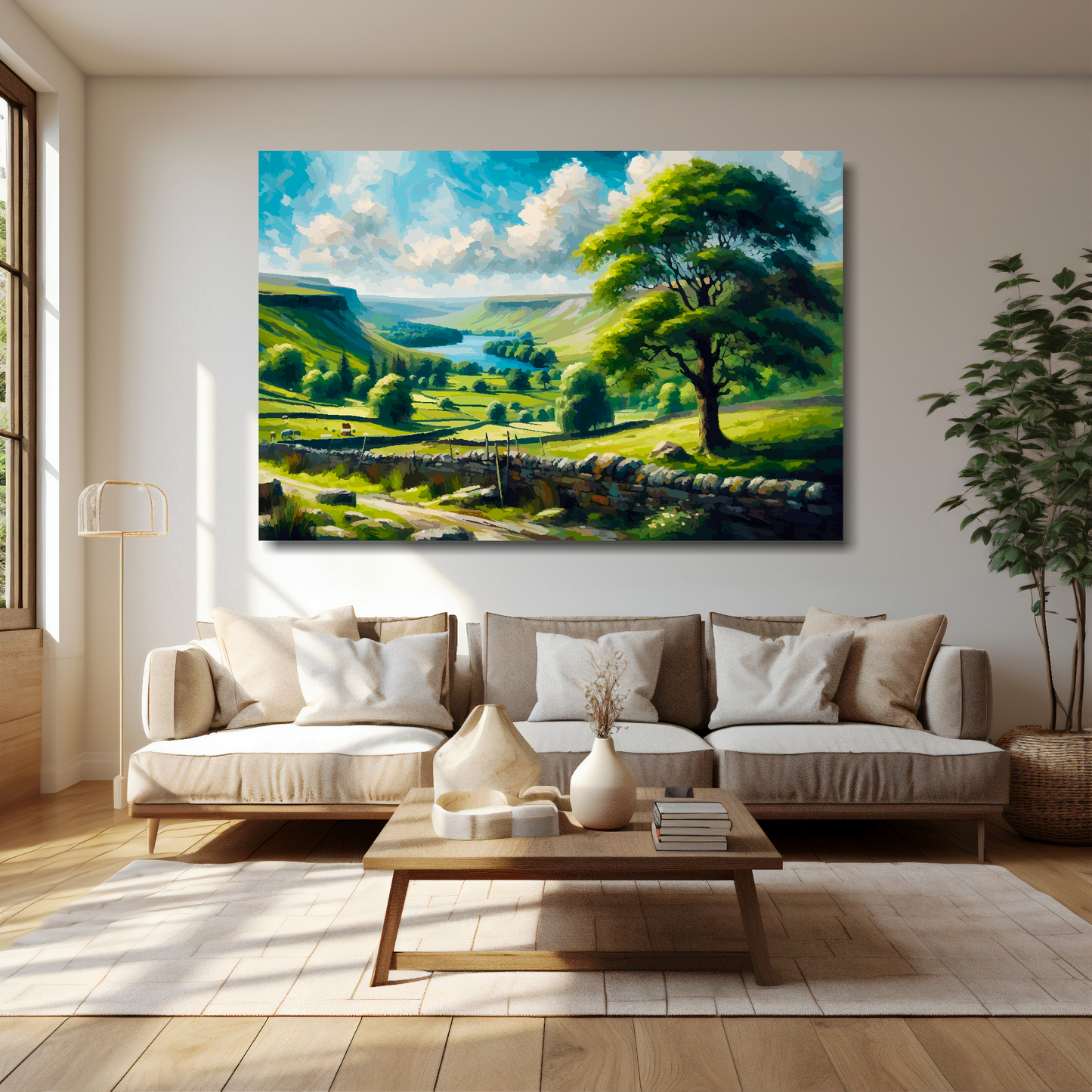 60 inch by 40 inch abstract canvas print of an English National Park. Mounted on a cream wall above a cream sofa with decorative pillows.