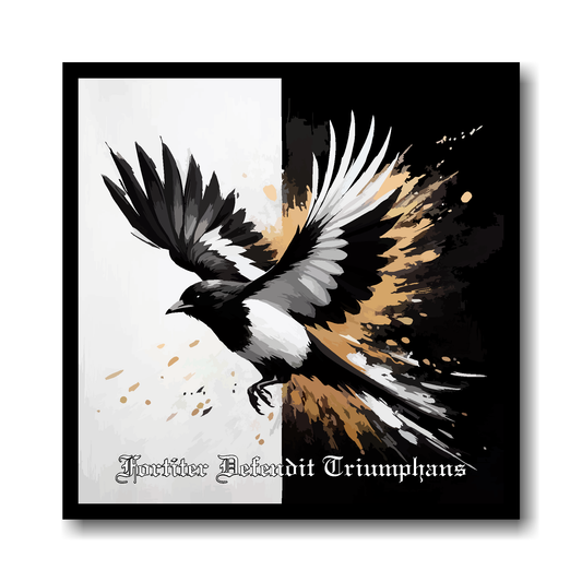Newcastle United FC inspired canvas, featuring a flying magpie on a Black and white background. Motto at the bottom reading 'Fortiter Defendit Triumphans'.