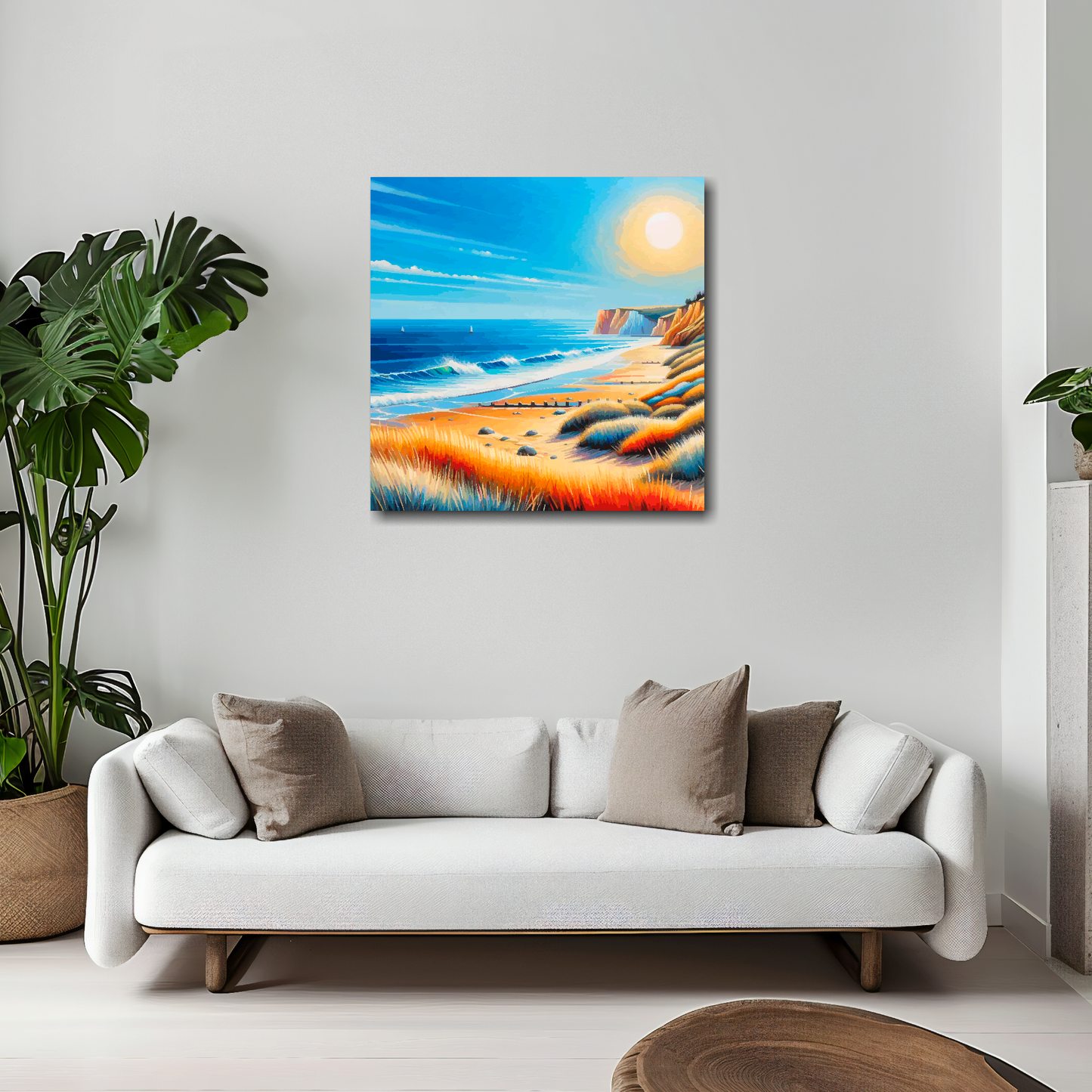 20 inch by 20 inch square canvas featuring a vibrant multi-coloured Norfolk beach landscape. Mounted on a white wall above a white sofa with decorative pillows.
