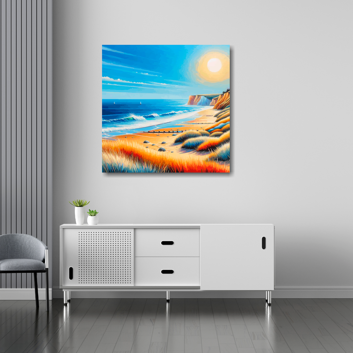 30 inch by 30 inch square canvas featuring a vibrant multi-coloured Norfolk beach landscape. Mounted on a white wall above a white sideboard.