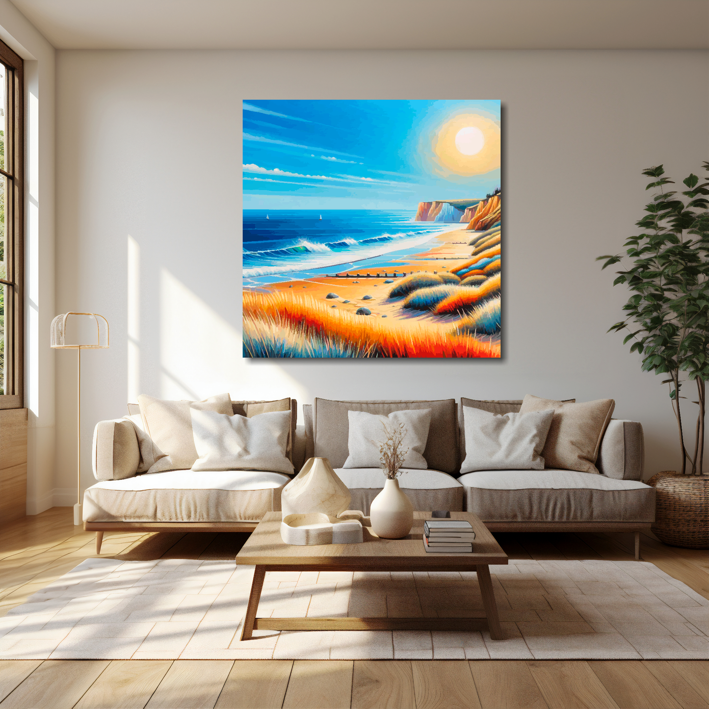 40 inch by 40 inch square canvas featuring a vibrant multi-coloured Norfolk beach landscape. Mounted on a cream wall above a cream sofa with decorative pillows.