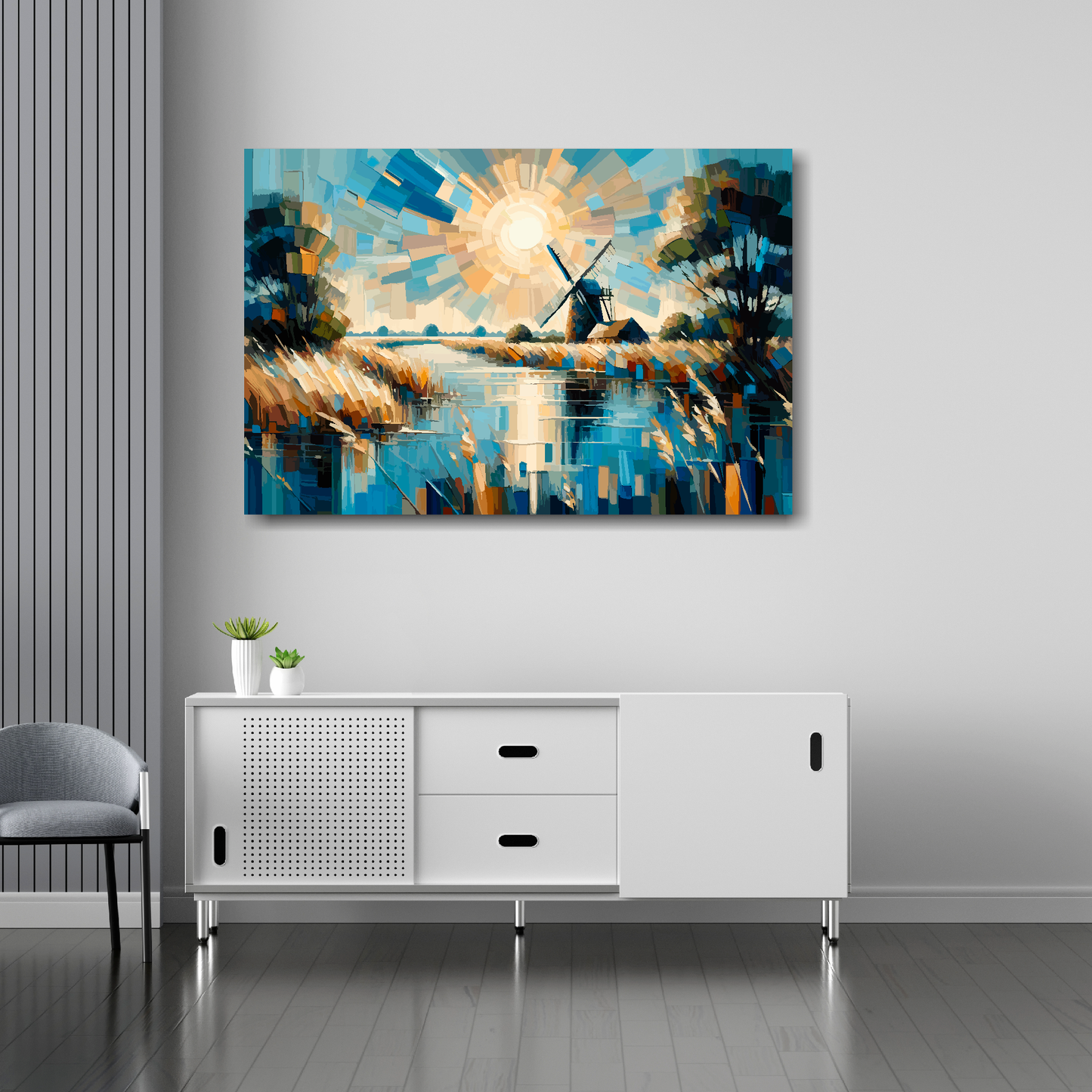 36 inch by 24 inch abstract canvas print of a Norfolk Broads landscape. Mounted on a white wall above a white sideboard.