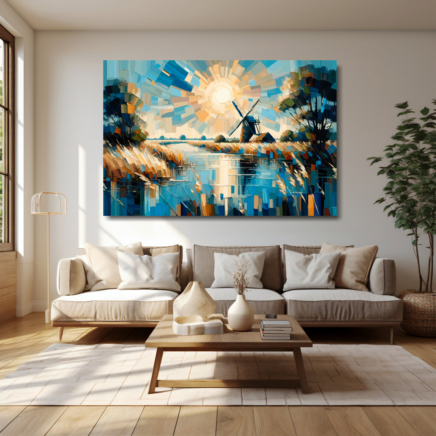 60 inch by 40 inch abstract canvas print of a Norfolk Broads landscape. Mounted on a cream wall above a cream sofa with decorative pillows.