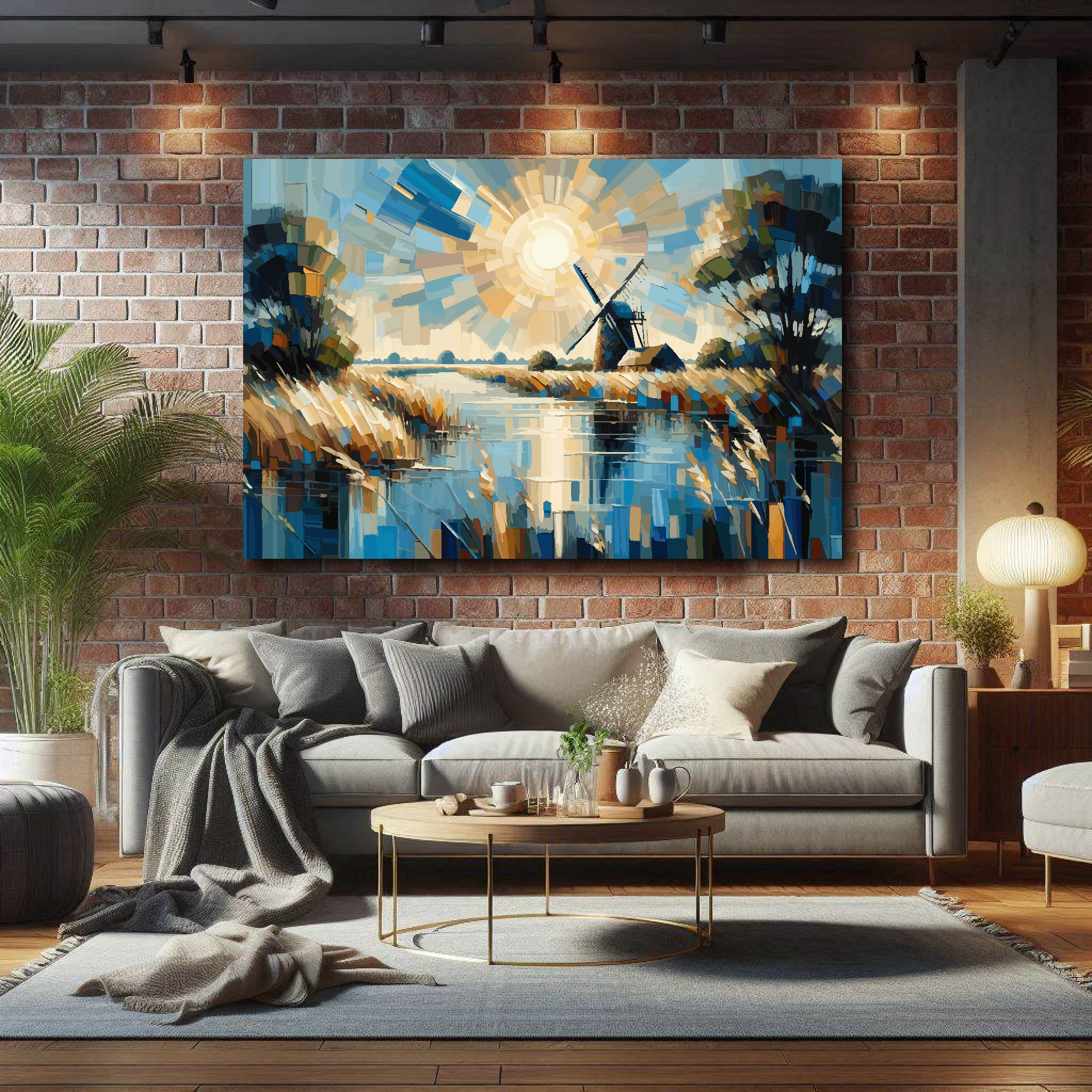 Large Norfolk Broads canvas on brick wall above grey sofa - bold UK waterway art living room