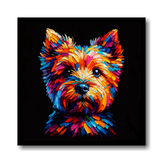 Colourful abstract portrait of a Norfolk Terrier on a black background.