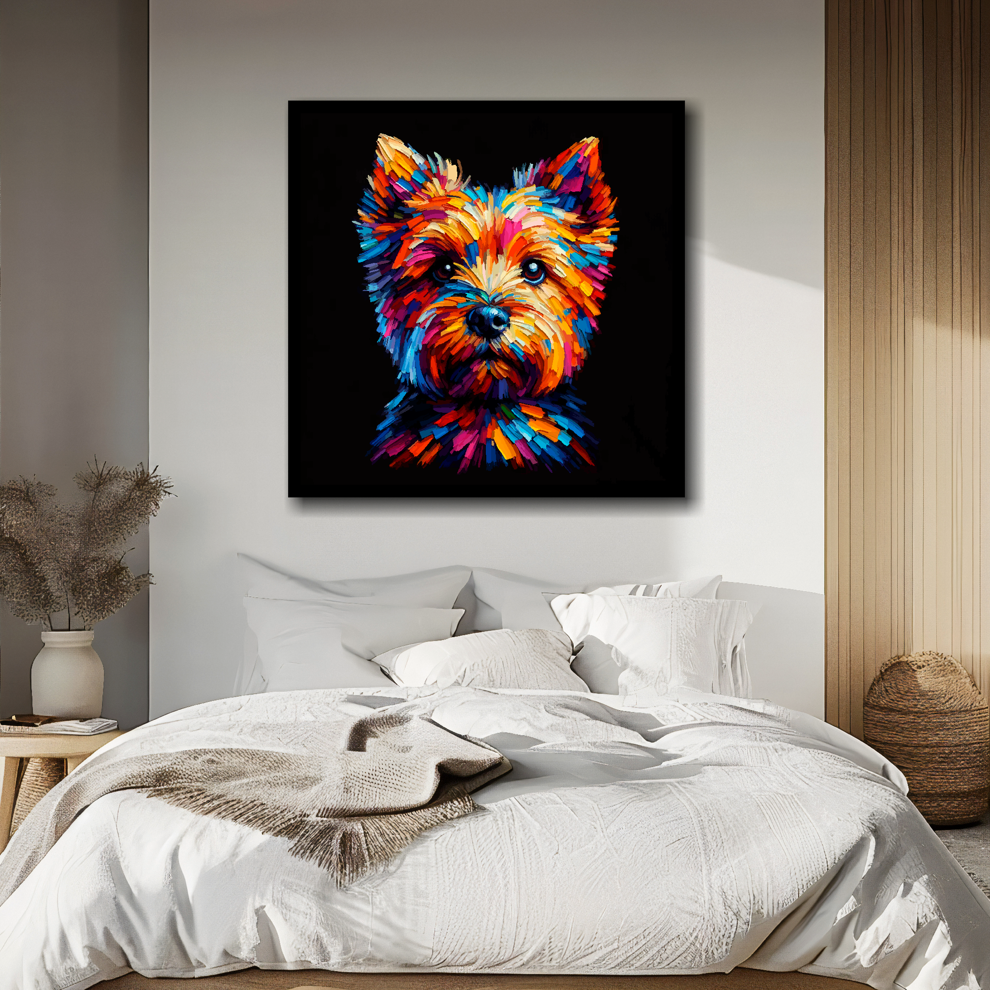 Square canvas featuring a multi-coloured Norfolk Terrier dog portrait. Mounted on a white wall above a double bed.