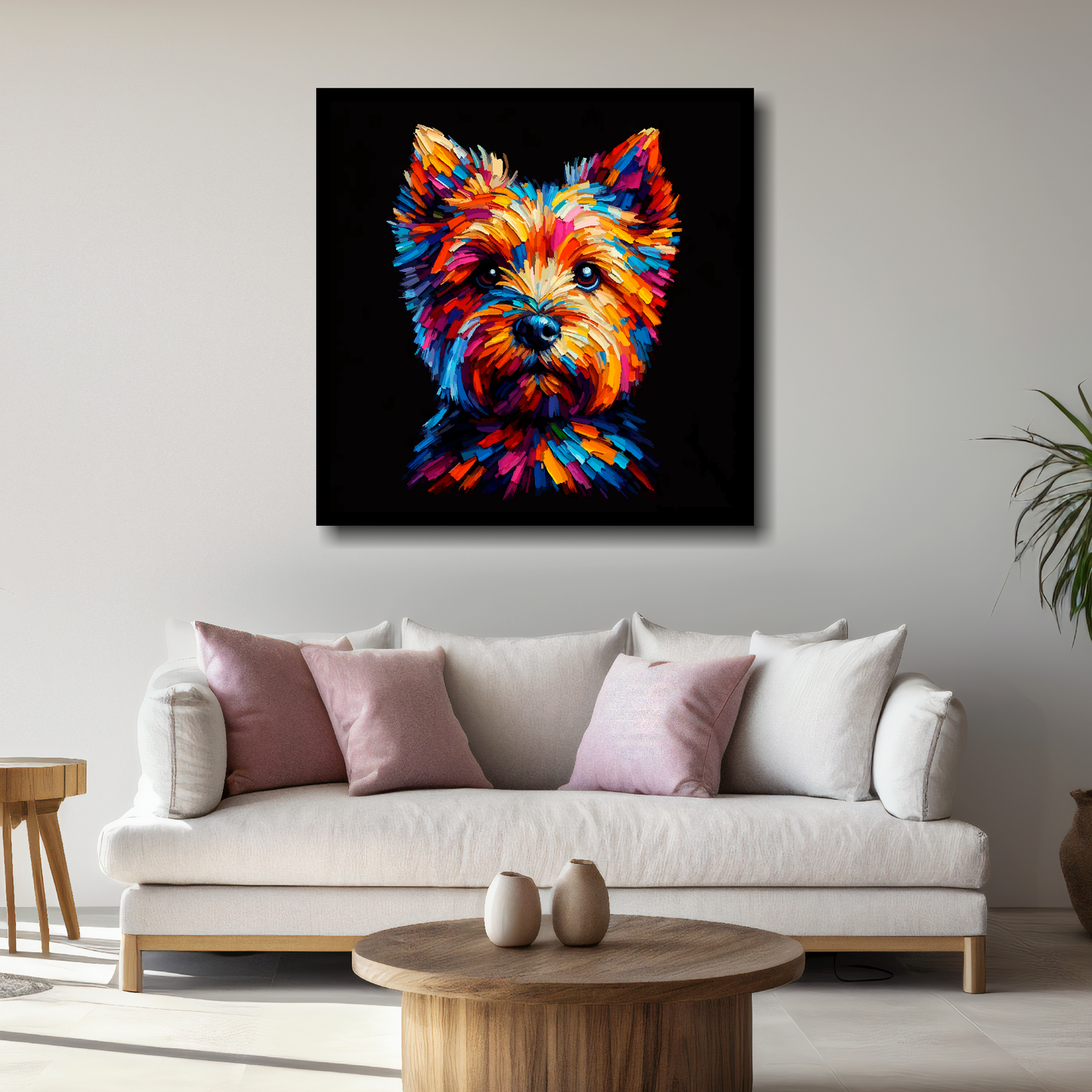 Large square canvas featuring a multi-coloured Norfolk Terrier dog portrait. Mounted on a white wall above a white sofa with decorative pillows.