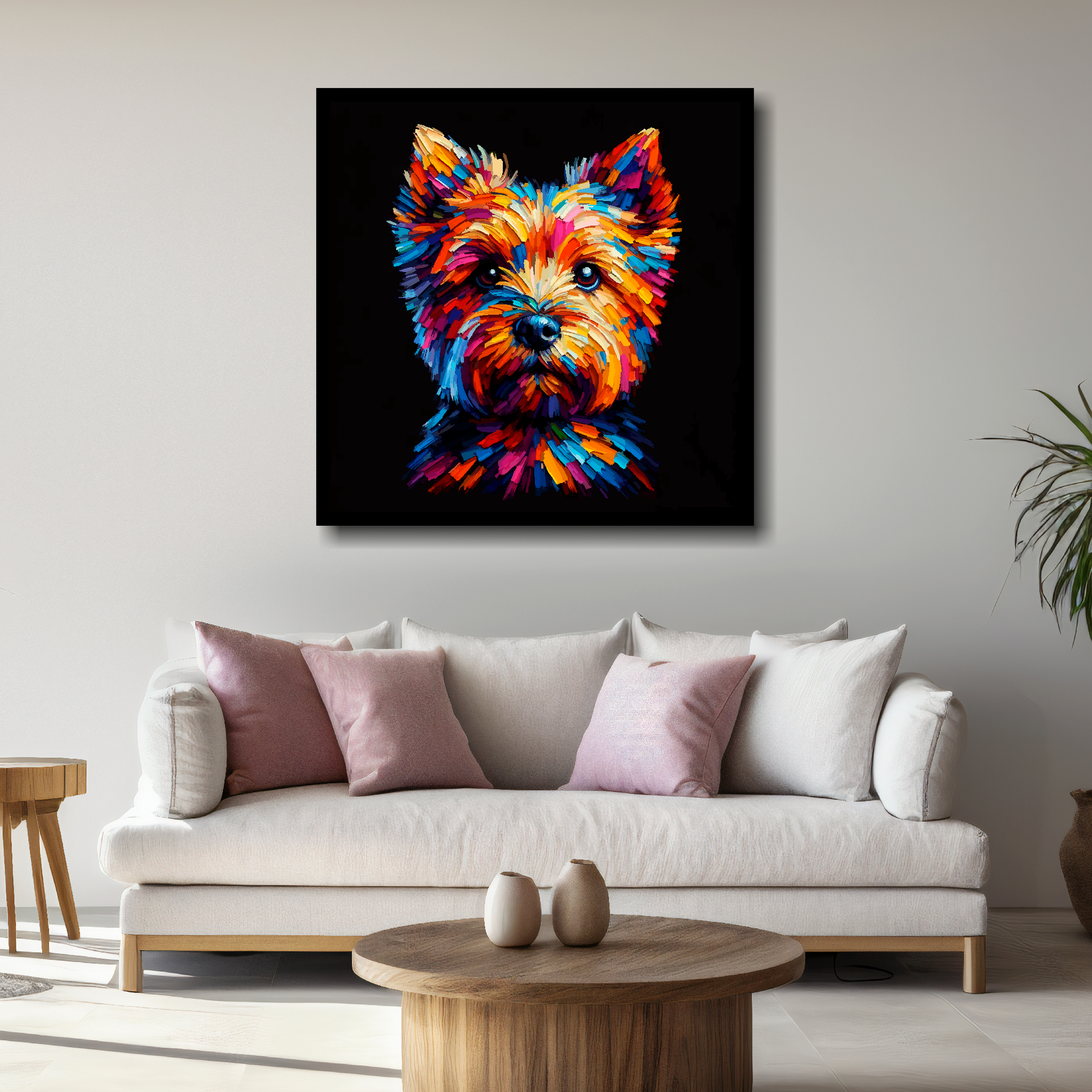 Large square canvas featuring a multi-coloured Norfolk Terrier dog portrait. Mounted on a white wall above a white sofa with decorative pillows.