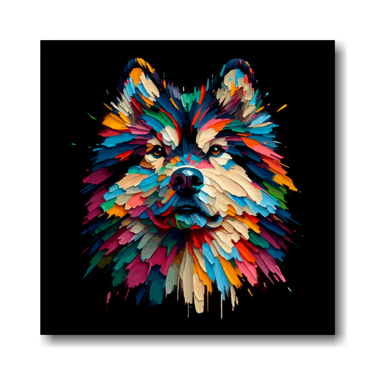 Colourful abstract painting of a Northern Inuit dog's face on a black background.