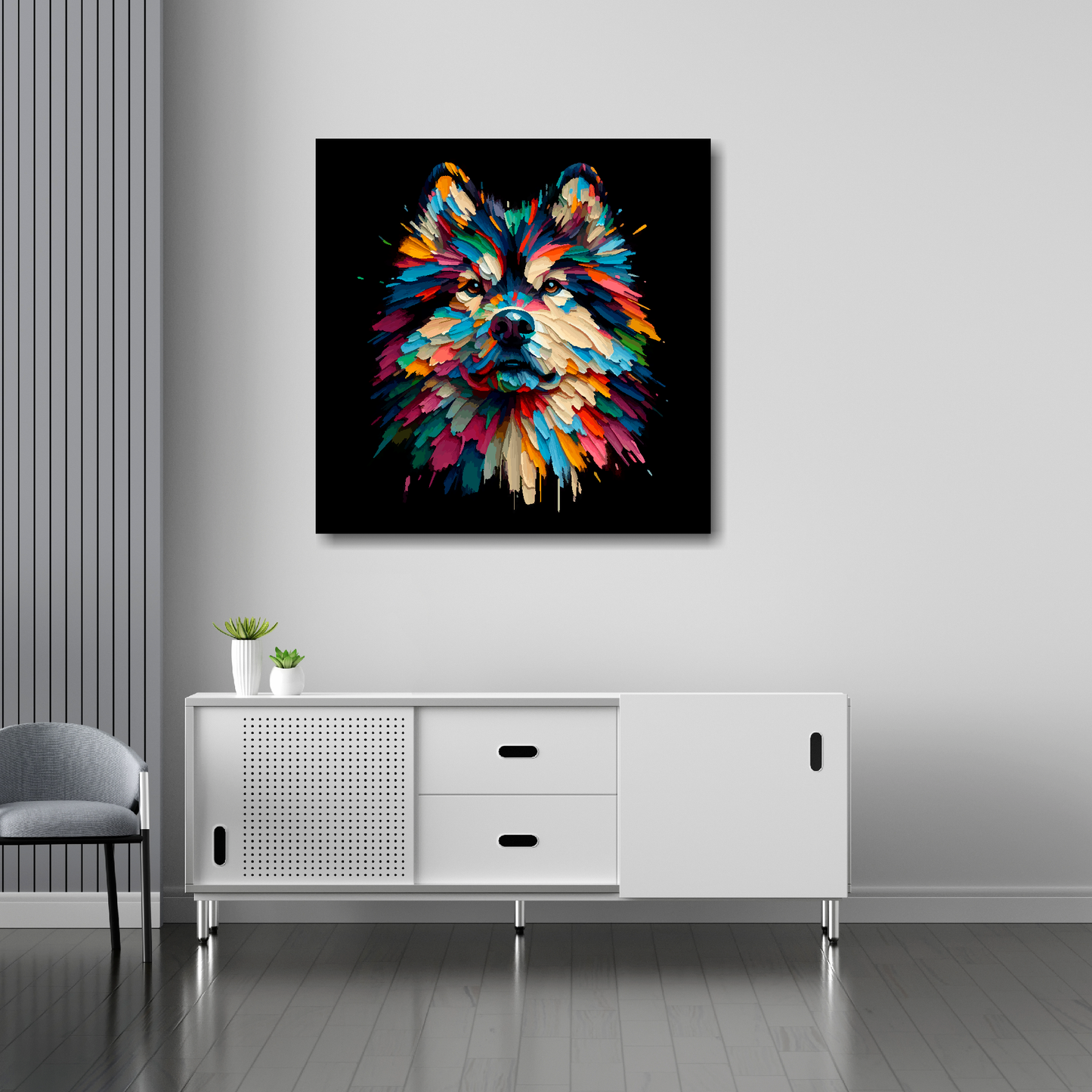 30 inch by 30 inch square canvas featuring a multi-coloured Northern Inuit dog portrait. Mounted on a white wall above a white sideboard.