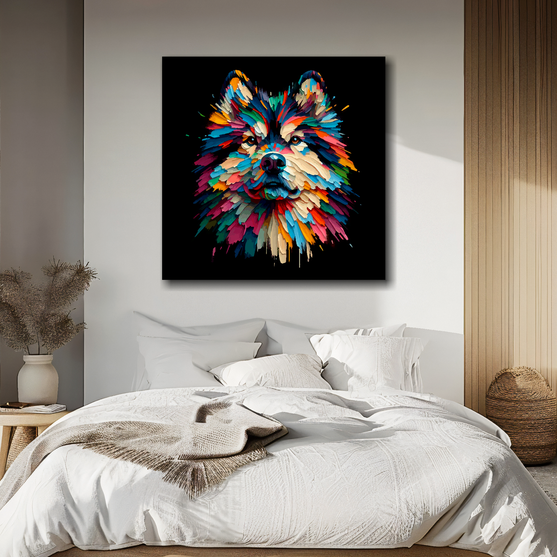 Big canvas featuring a multi-coloured Northern Inuit dog portrait. Mounted on a white wall above a double bed.
