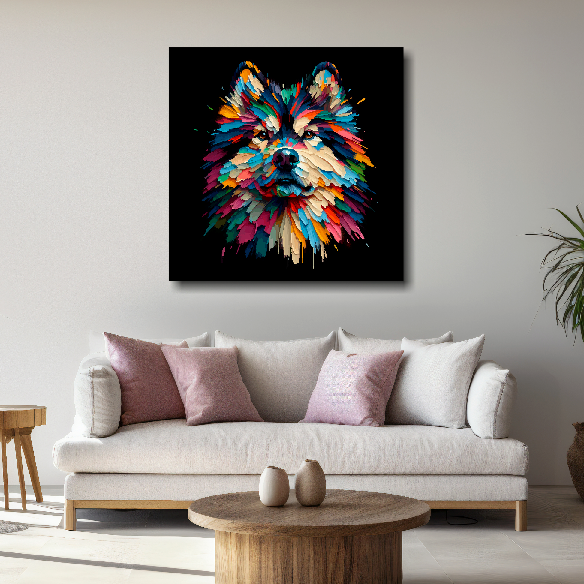 Large canvas featuring a multi-coloured Northern Inuit dog portrait. Mounted on a white wall above a white sofa with decorative pillows.