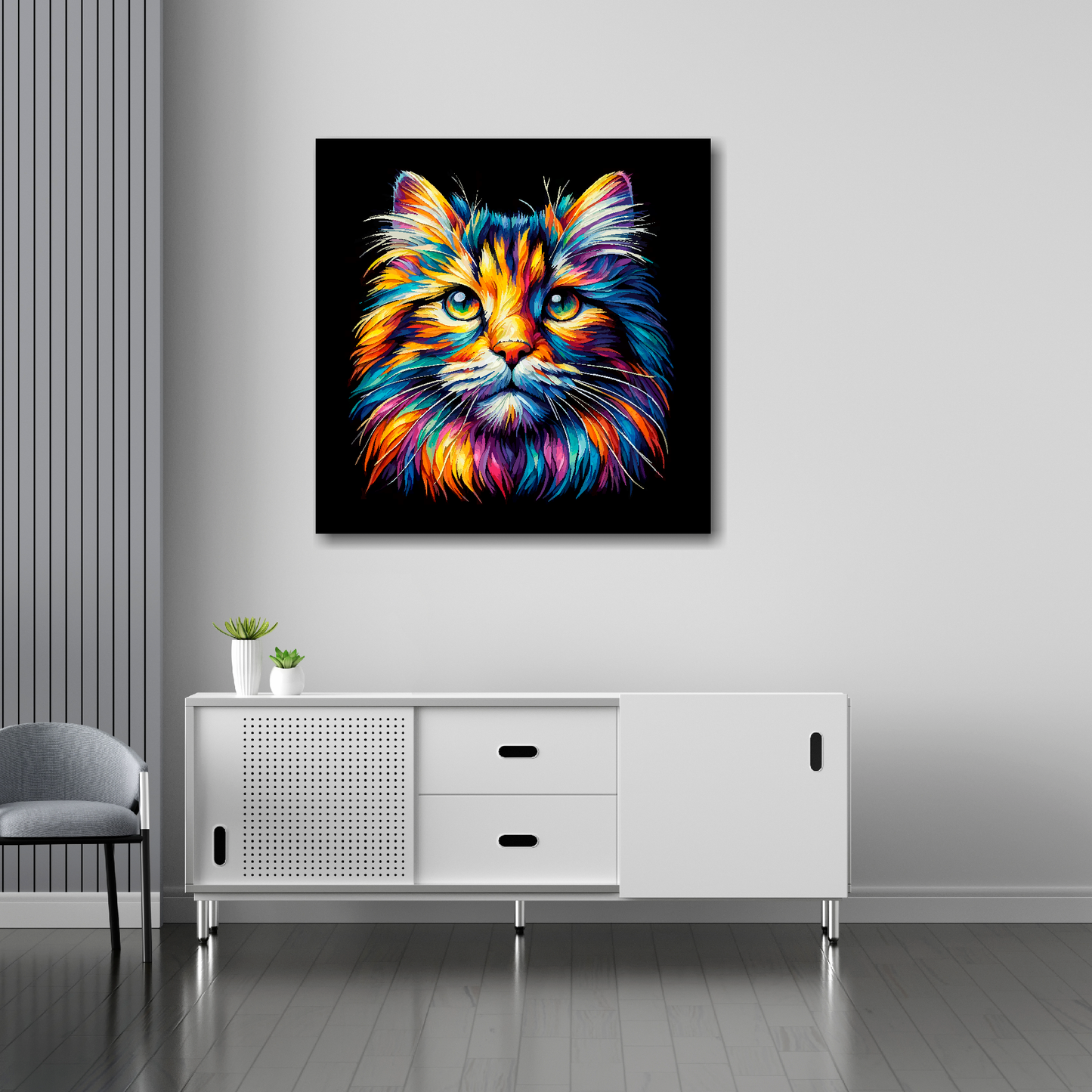 30 inch by 30 inch square canvas of a colourful Norwegian Forest cat head portrait on a black background. Mounted on a white wall above a white sideboard.