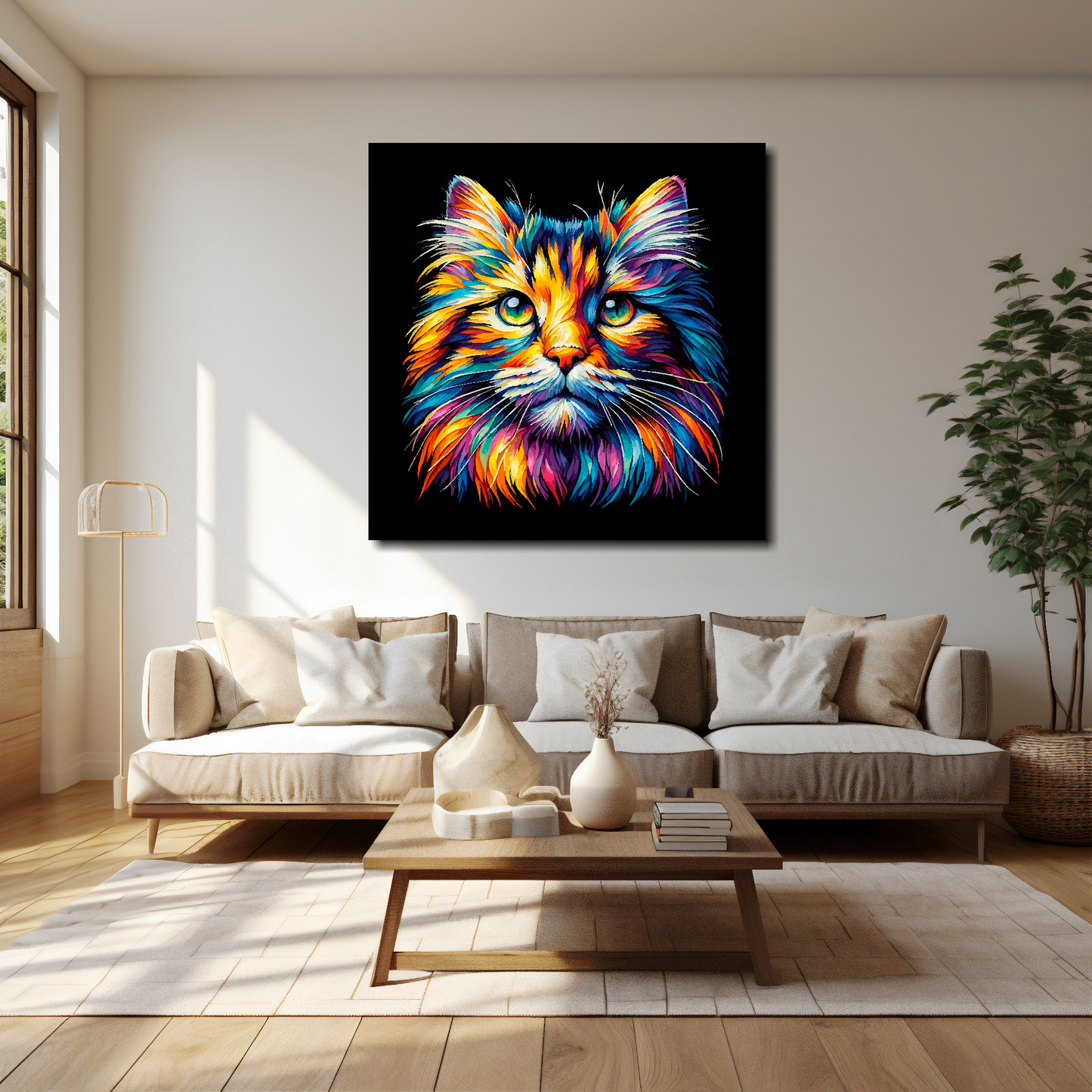 40 inch by 40 inch square canvas of a colourful Norwegian Forest cat head portrait on a black background. Mounted on a white wall above a cream sofa with decorative pillows.