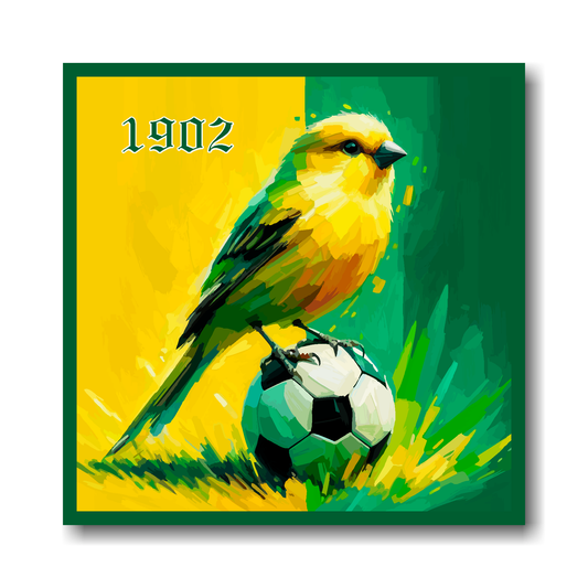Norwich City FC inspired canvas, featuring a Canary sitting on a football on a Yellow and Green halved background. '1902' in top left hand corner.