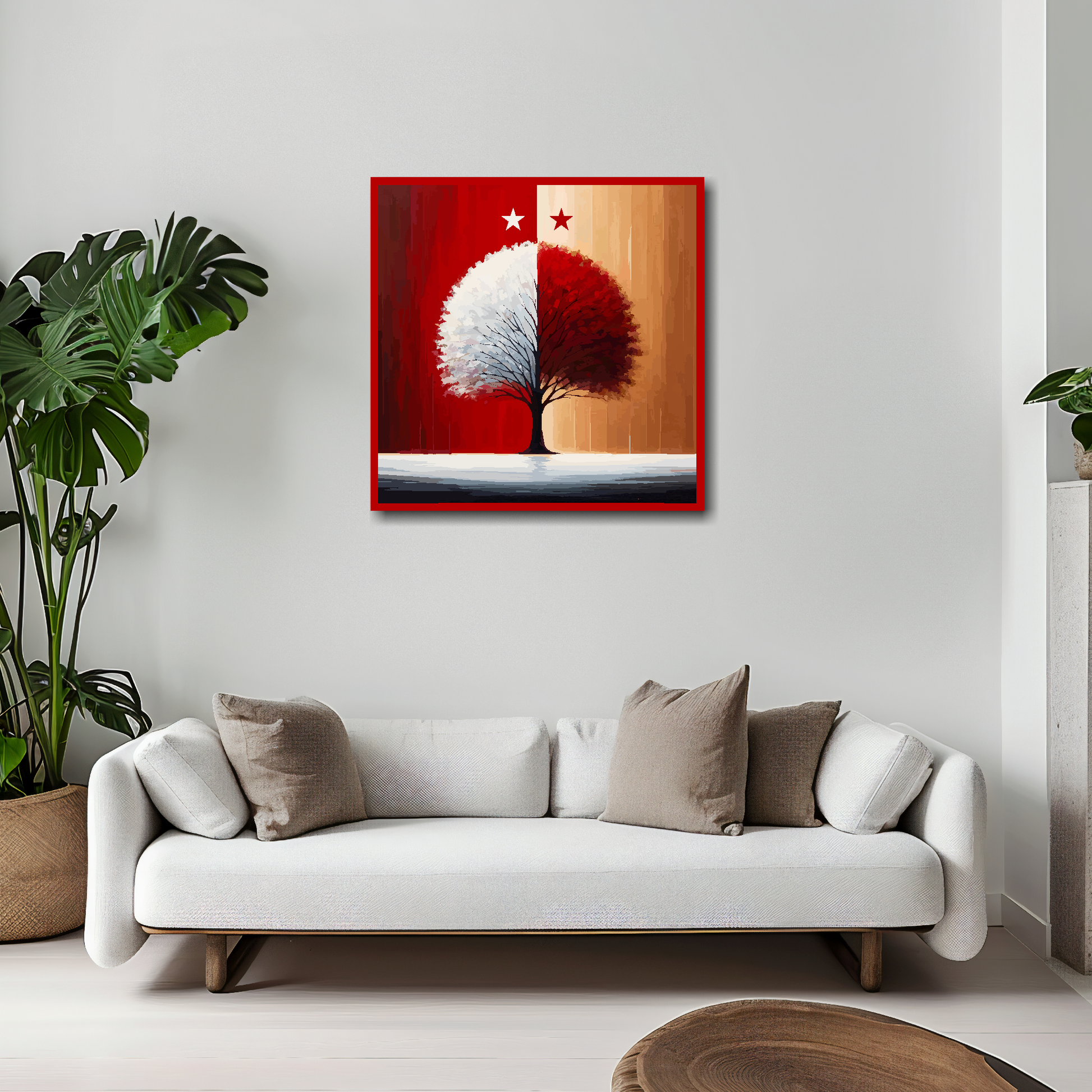20 inch by 20 inch Nottingham Forest FC inspired canvas, mounted on a living room wall above a white sofa, featuring a red and white halved tree with two stars above.