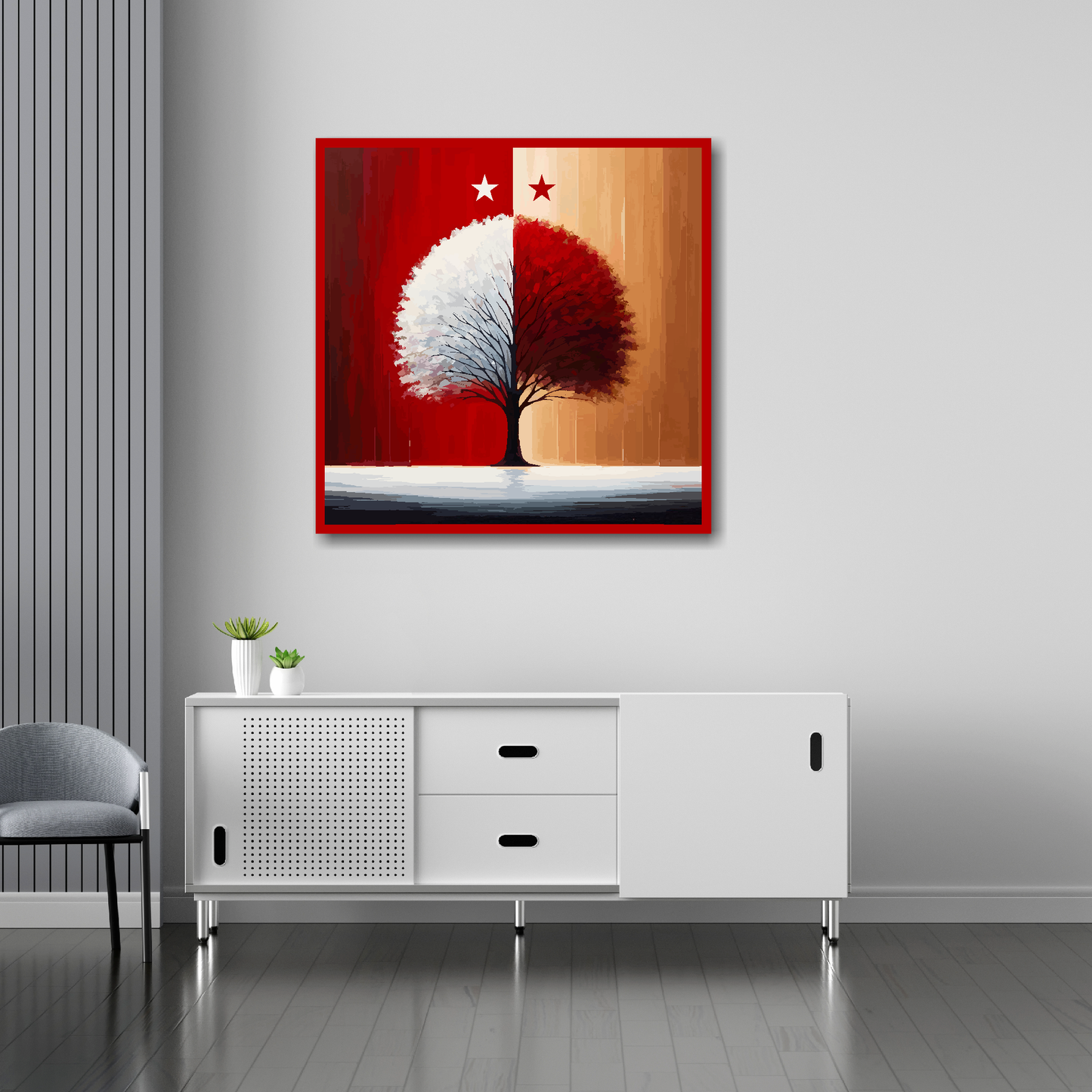 30 inch by 30 inch Nottingham Forest FC inspired canvas, mounted on a living room wall above a white sideboard. Featuring a red and white halved tree with two stars above.