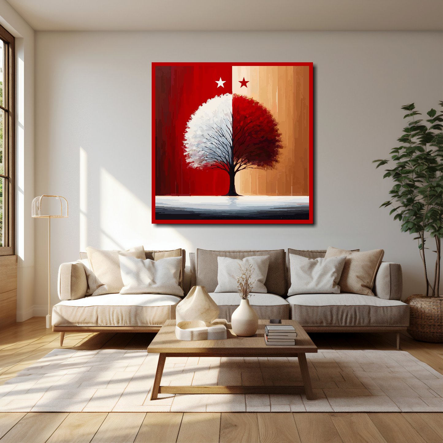 40 inch by 40 inch Nottingham Forest FC inspired canvas, mounted on a living room wall above a cream sofa, featuring a red and white halved tree with two stars above.