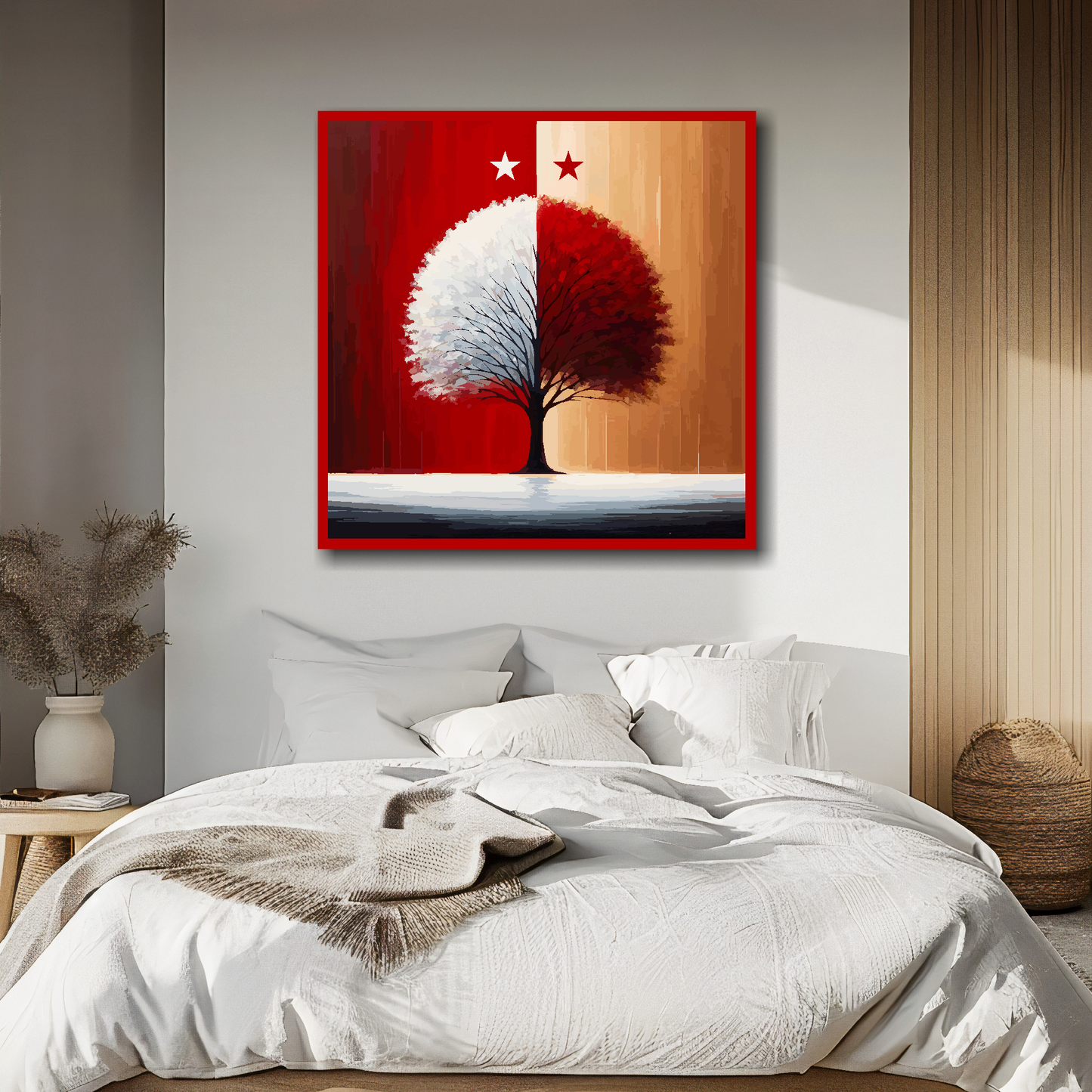 Nottingham Forest FC inspired canvas, mounted on a bedoom wall above a double bed, featuring a red and white halved tree with two stars above.