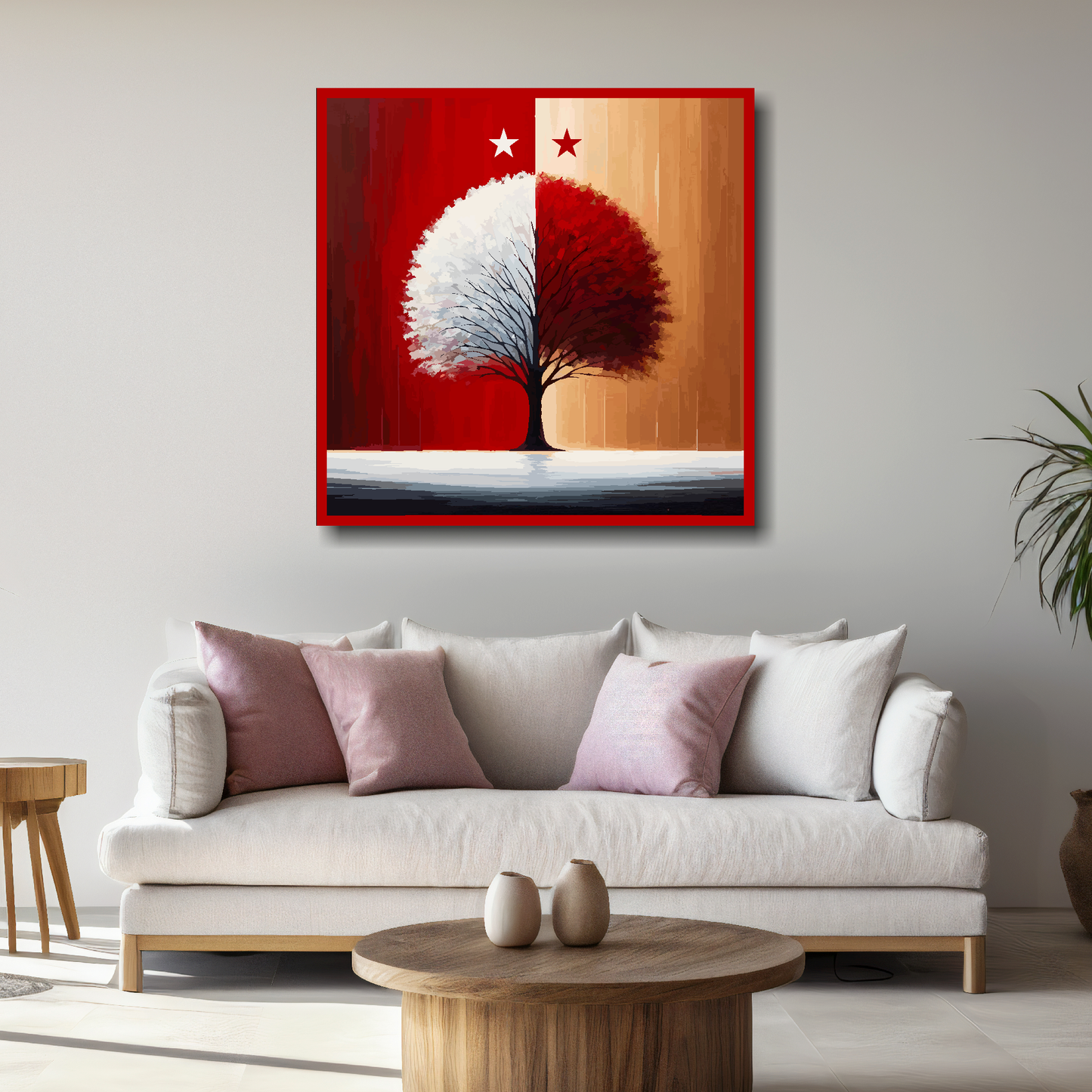 Nottingham Forest FC inspired canvas, mounted on a living room wall above a white sofa, featuring a red and white halved tree with two stars above.