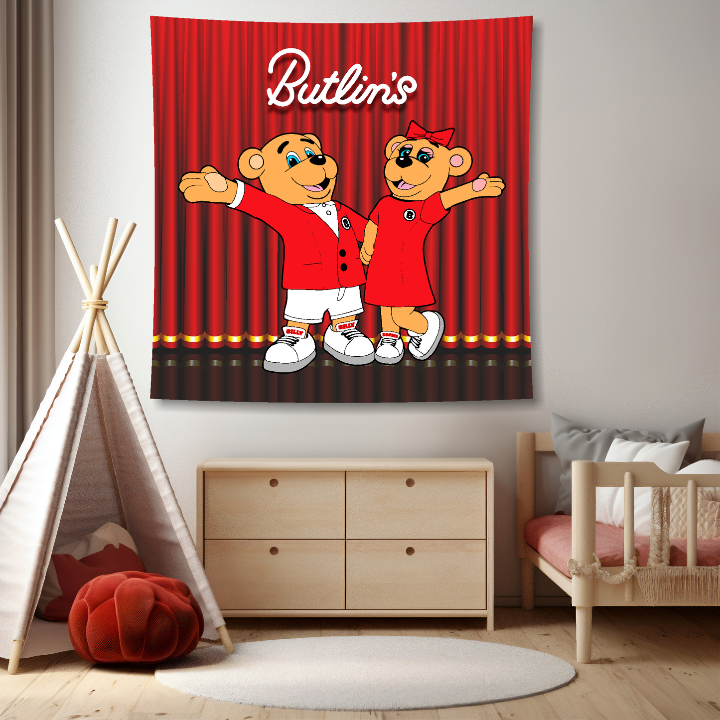 Butlin's teddy bears blanket hanging on a wall in a child's room with furniture and decor.