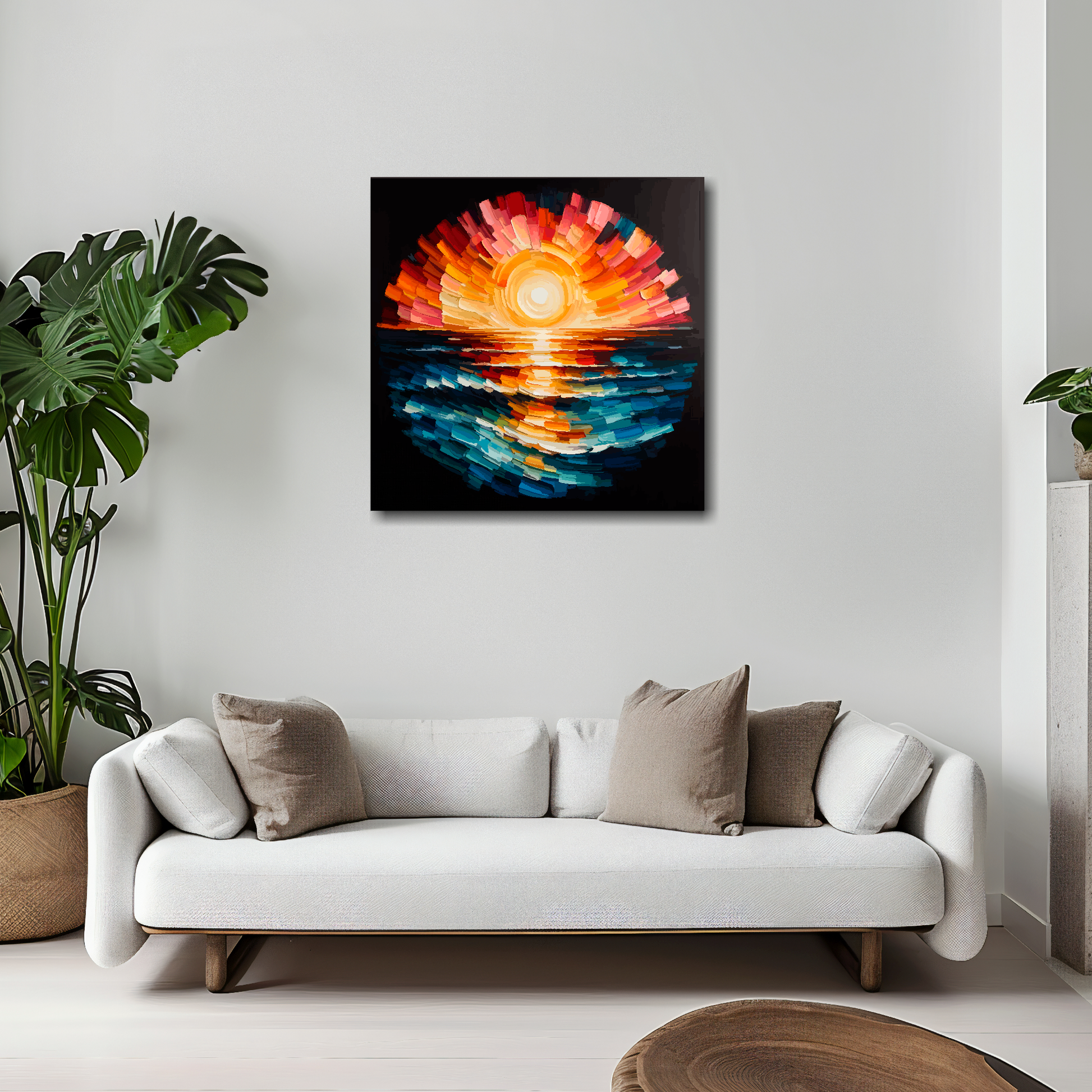20 inch by 20 inch square canvas featuring an abstract sunset. Mounted on a white wall above a white sofa with decorative pillows.