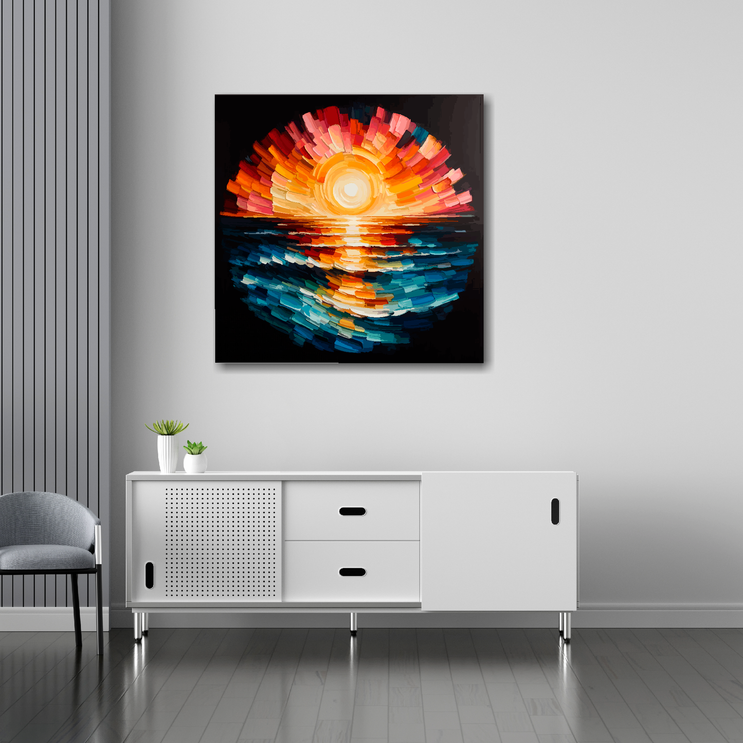 30 inch by 30 inch square canvas featuring an abstract sunset. Mounted on a white wall above a white sideboard.