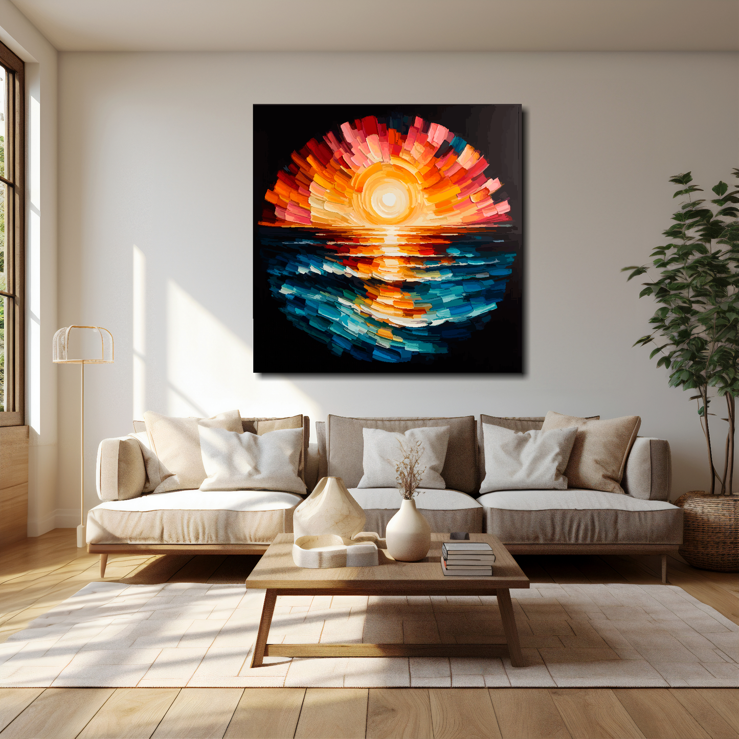 40 inch by 40 inch square canvas featuring an abstract sunset. Mounted on a cream wall above a cream sofa with decorative pillows.