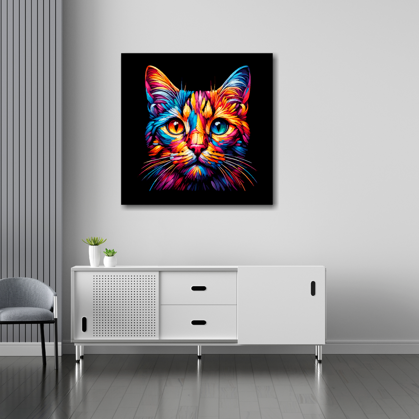 30 inch by 30 inch square canvas of a colourful Ocicat head portrait on a black background. Mounted on a white wall above a white sideboard.