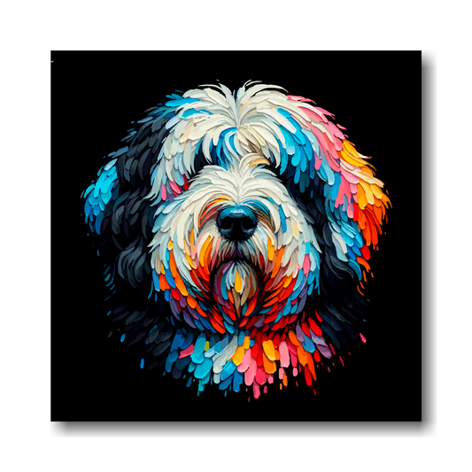 Colourful abstract painting of an Old English Sheepdog's face on a black background.