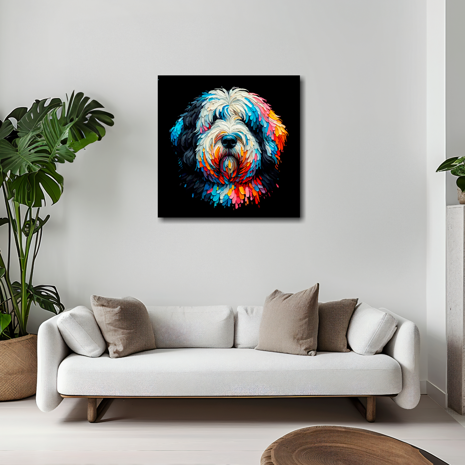 20 inch by 20 inch square canvas featuring a multi-coloured Old English Sheepdog portrait. Mounted on a white wall above a white sofa with decorative pillows.