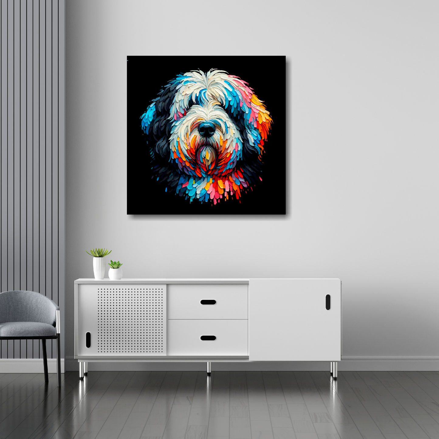 30 inch by 30 inch square canvas featuring a multi-coloured Old English Sheepdog portrait. Mounted on a white wall above a white sideboard.