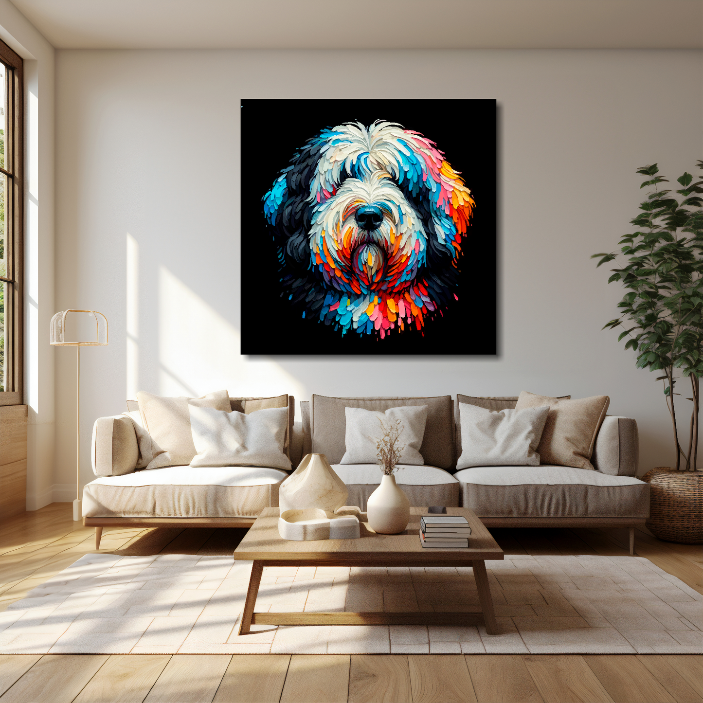 40 inch by 40 inch square canvas featuring a multi-coloured Old English Sheepdog portrait. Mounted on a cream wall above a cream sofa with decorative pillows.