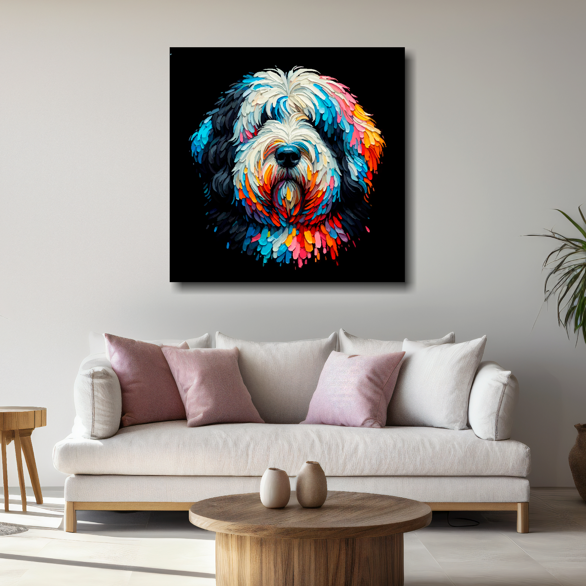 Large canvas featuring a multi-coloured Old English Sheepdog portrait. Mounted on a white wall above a white sofa with decorative pillows.