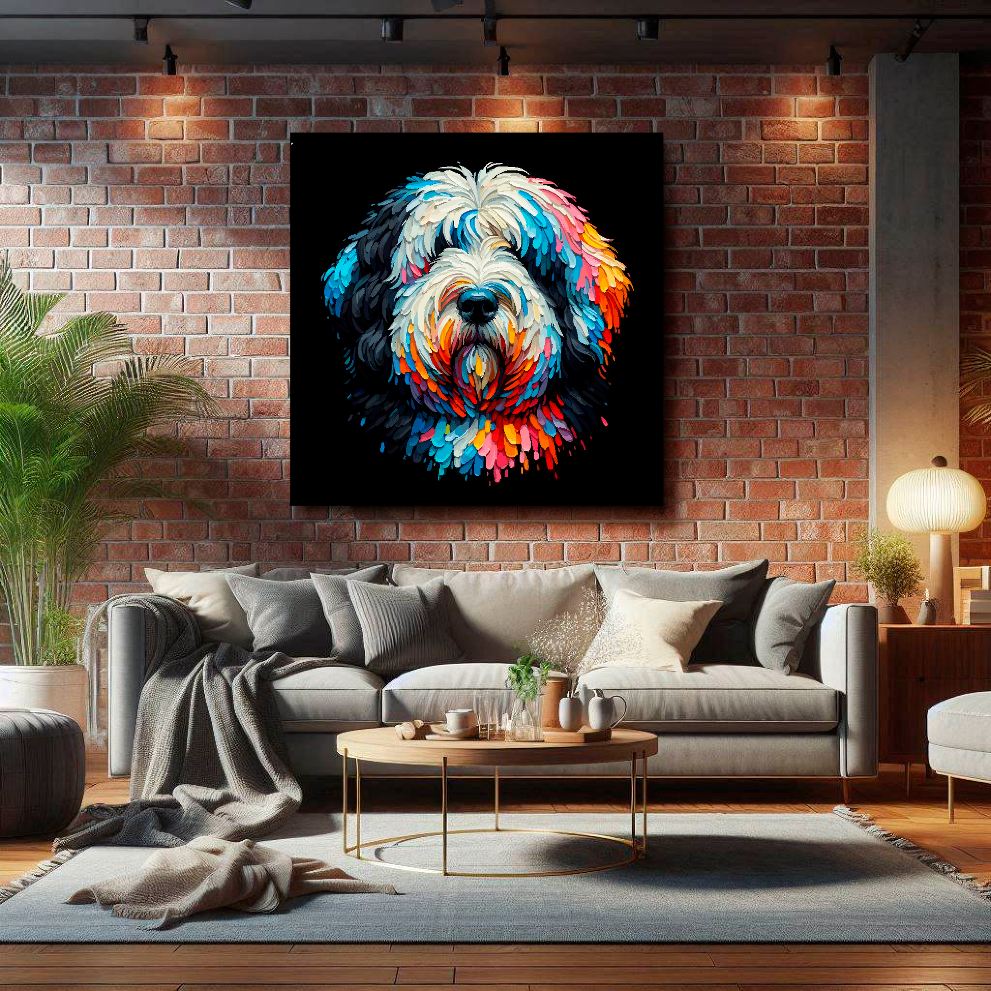 XL canvas featuring a multi-coloured Old English Sheepdog portrait. Mounted on a brick wall above a grey sofa with decorative pillows.