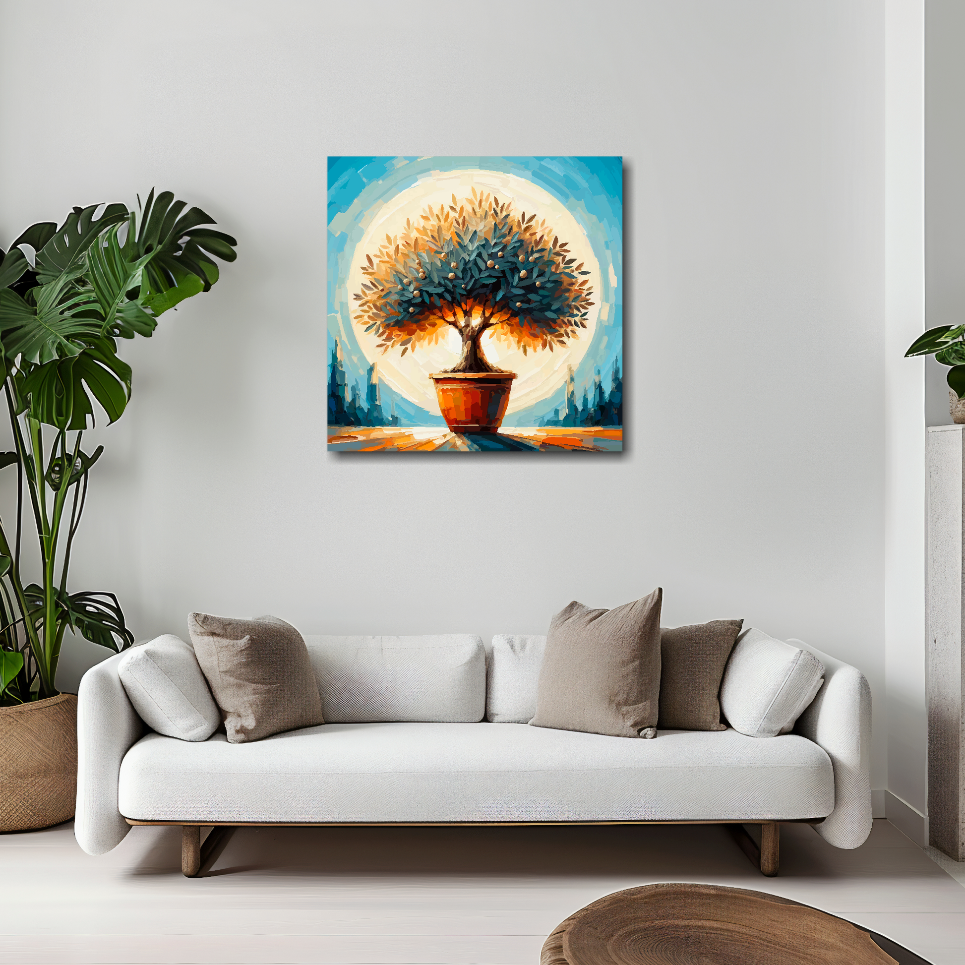 20 inch by 20 inch square canvas featuring a Olive Tree. Mounted on a white wall above a white sofa with decorative pillows.