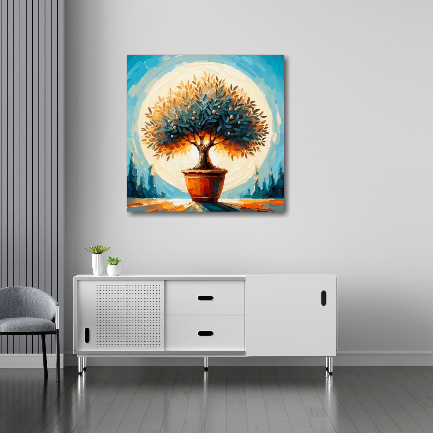 30 inch by 30 inch square canvas featuring a Olive Tree. Mounted on a white wall above a white sideboard.