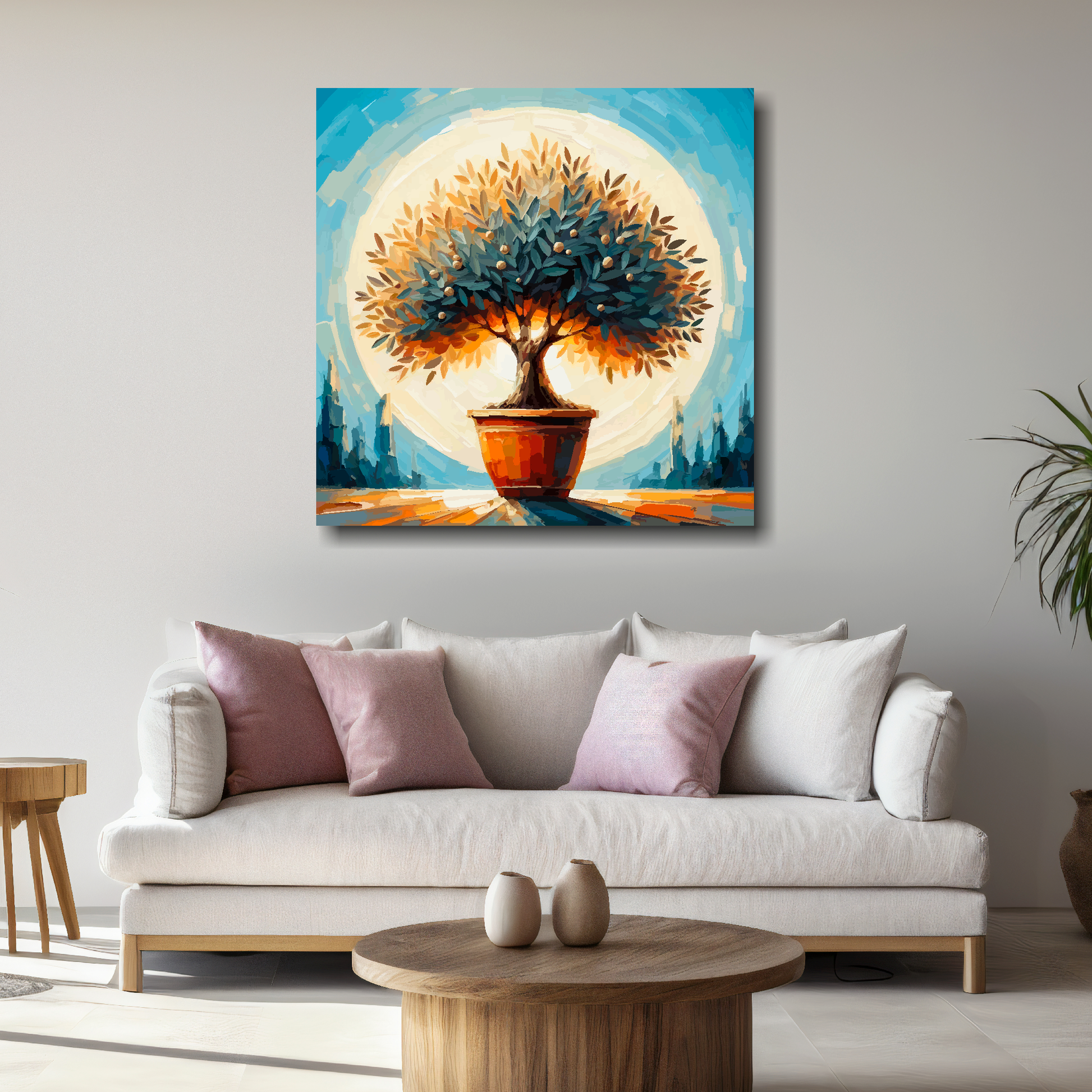 Square XL canvas featuring a Olive Tree. Mounted on a white wall above a white sofa with decorative pillows.