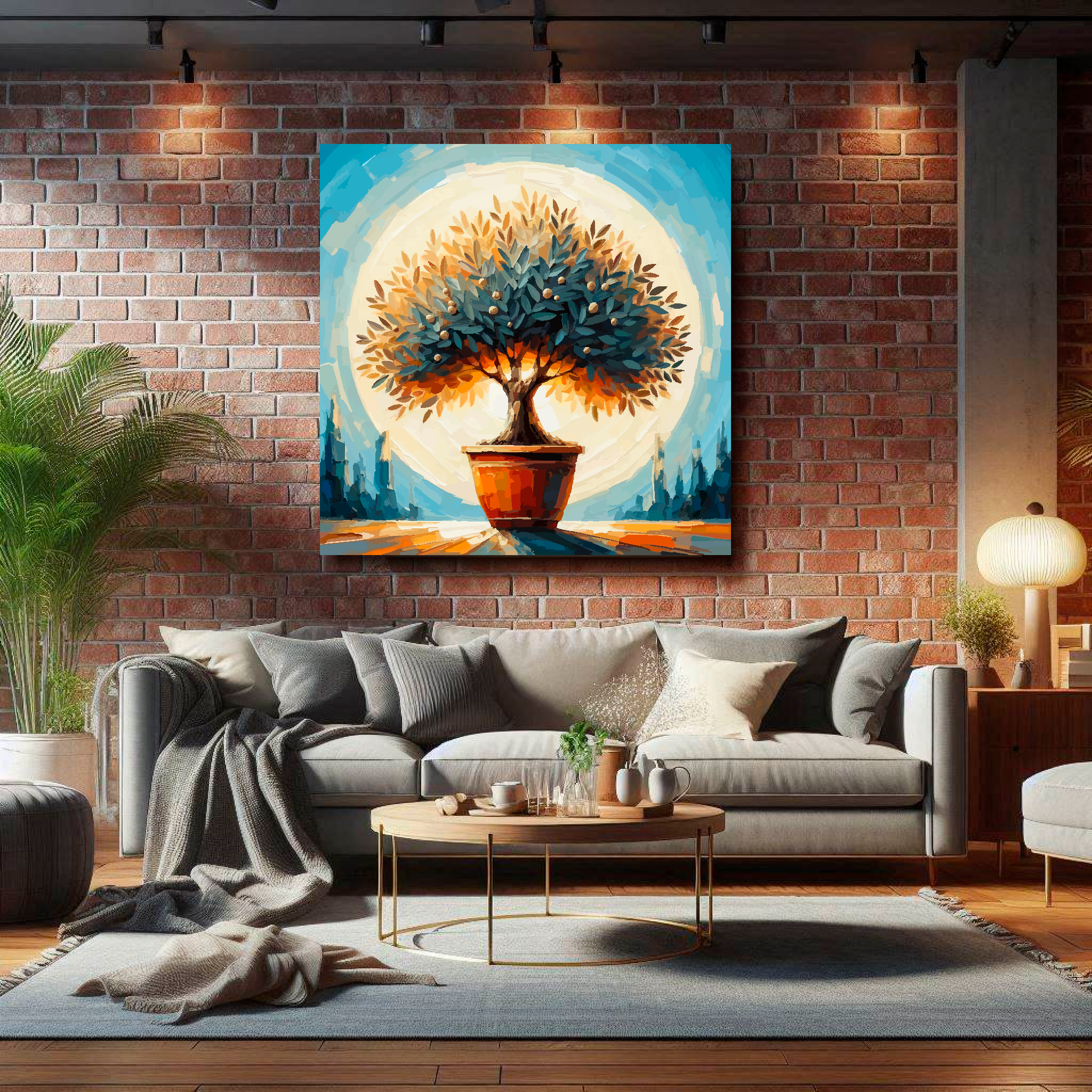 Large square canvas featuring a Olive Tree. Mounted on a brick wall above a grey sofa with decorative pillows.