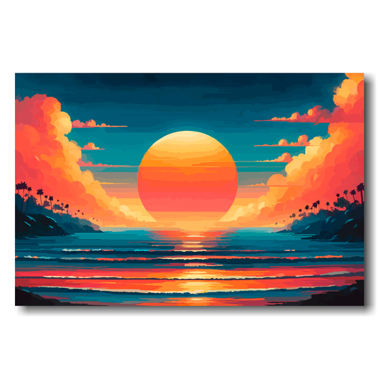 Surreal sunset over a calm ocean with vibrant orange and blue colors.