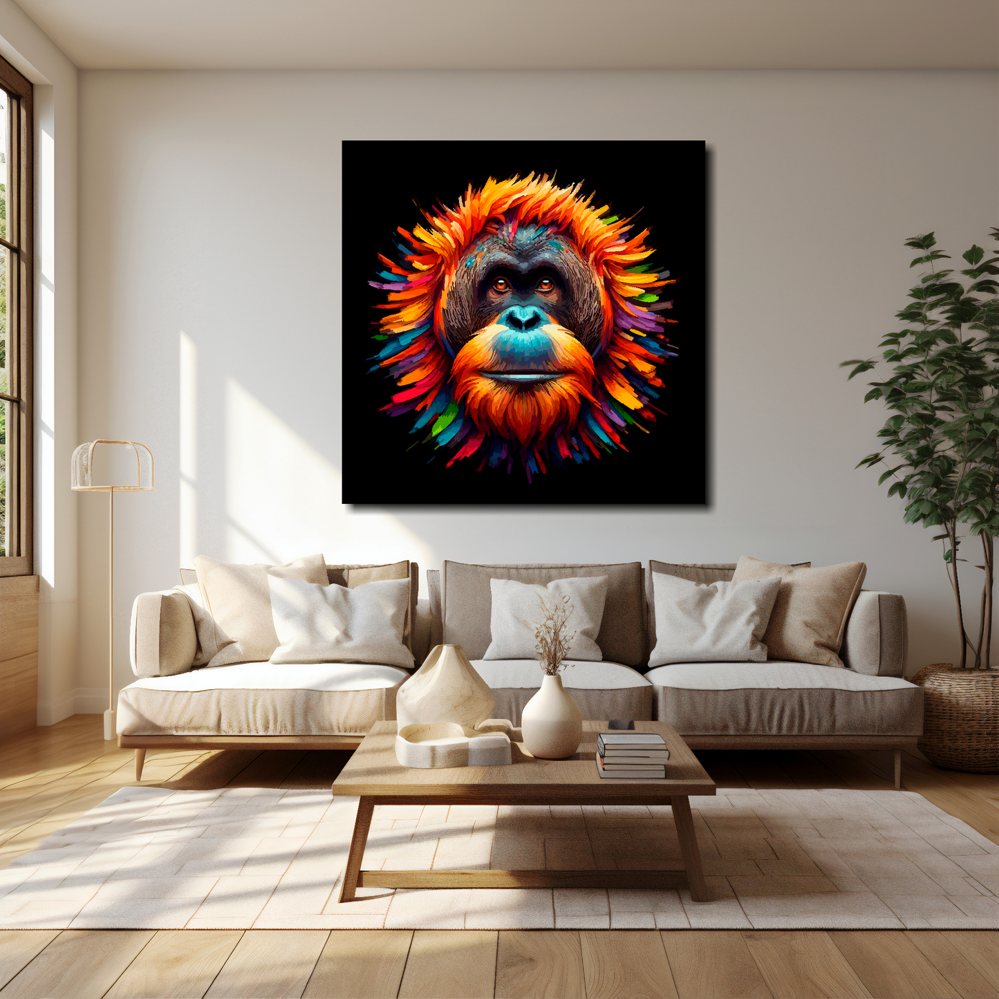 40 inch by 40 inch square canvas of a colouful Orangutan head portrait on a black background. Mounted on a white wall above a cream sofa with decorative pillows.