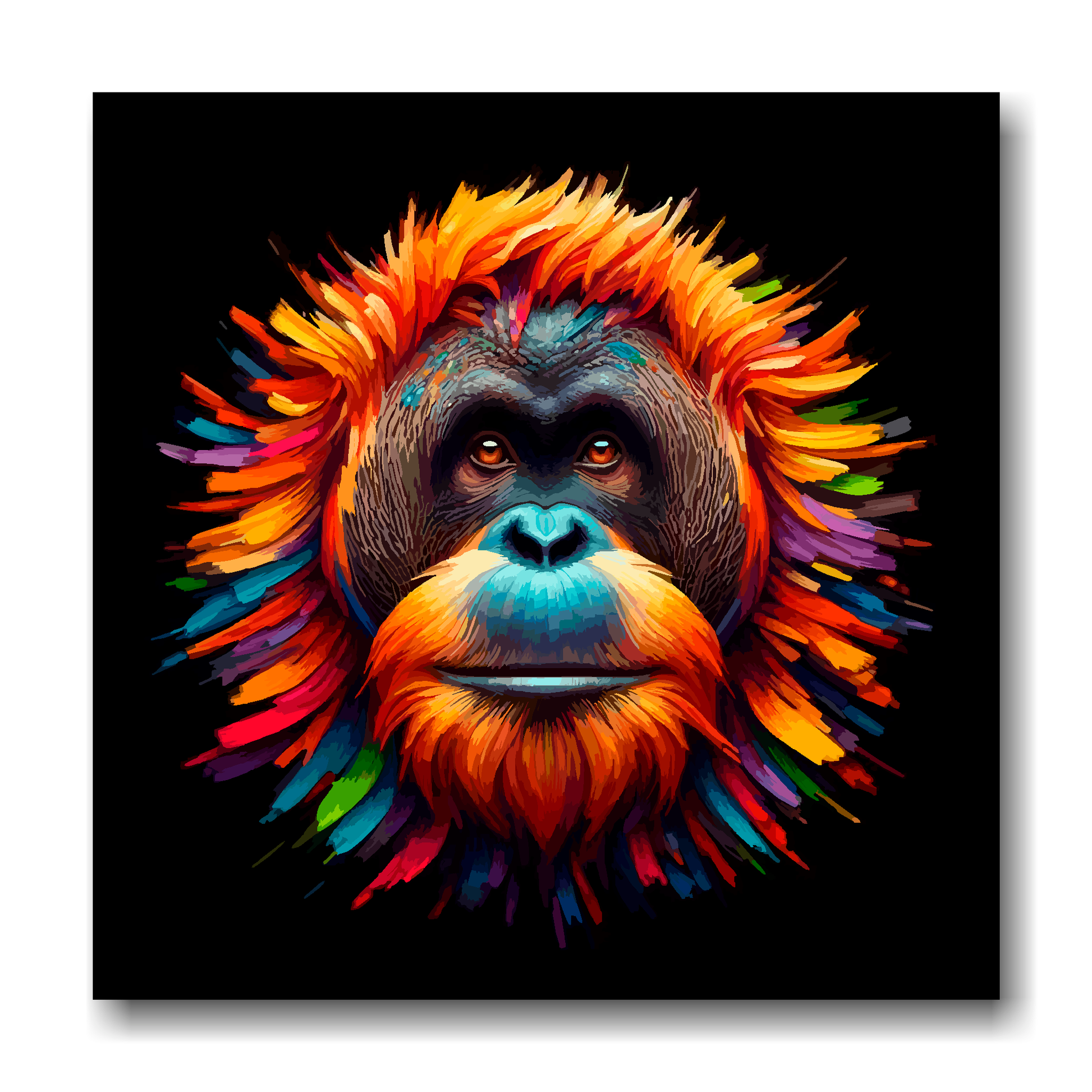 Large canvas wall art - A vibrant multi-coloured head portrait of a Orangutan. Available in 3 large sizes.
