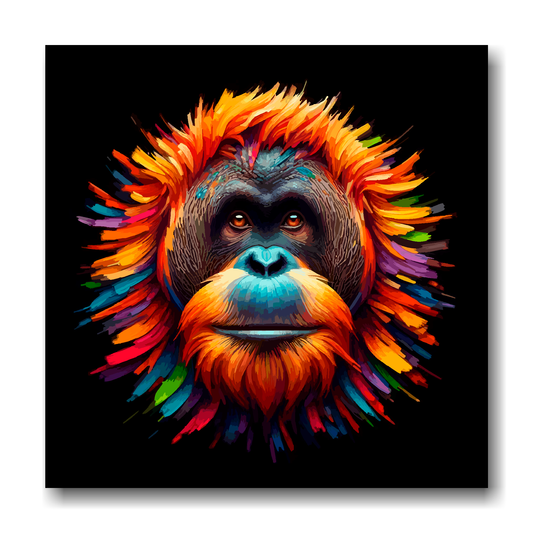 Large canvas wall art - A vibrant multi-coloured head portrait of a Orangutan. Available in 3 large sizes.