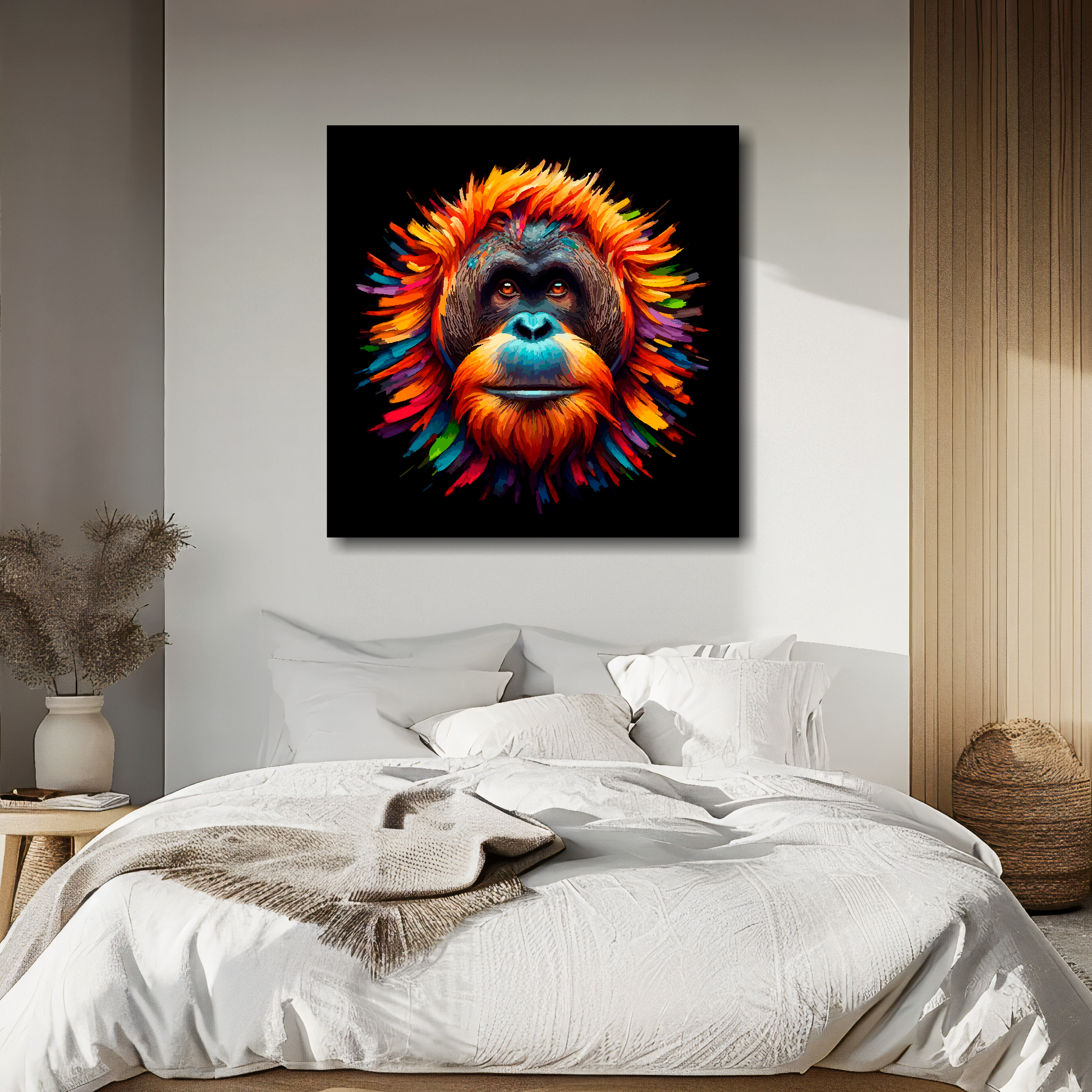 Large canvas wall art - A vibrant multi-coloured head portrait of a Orangutan. Available in 3 large sizes.
