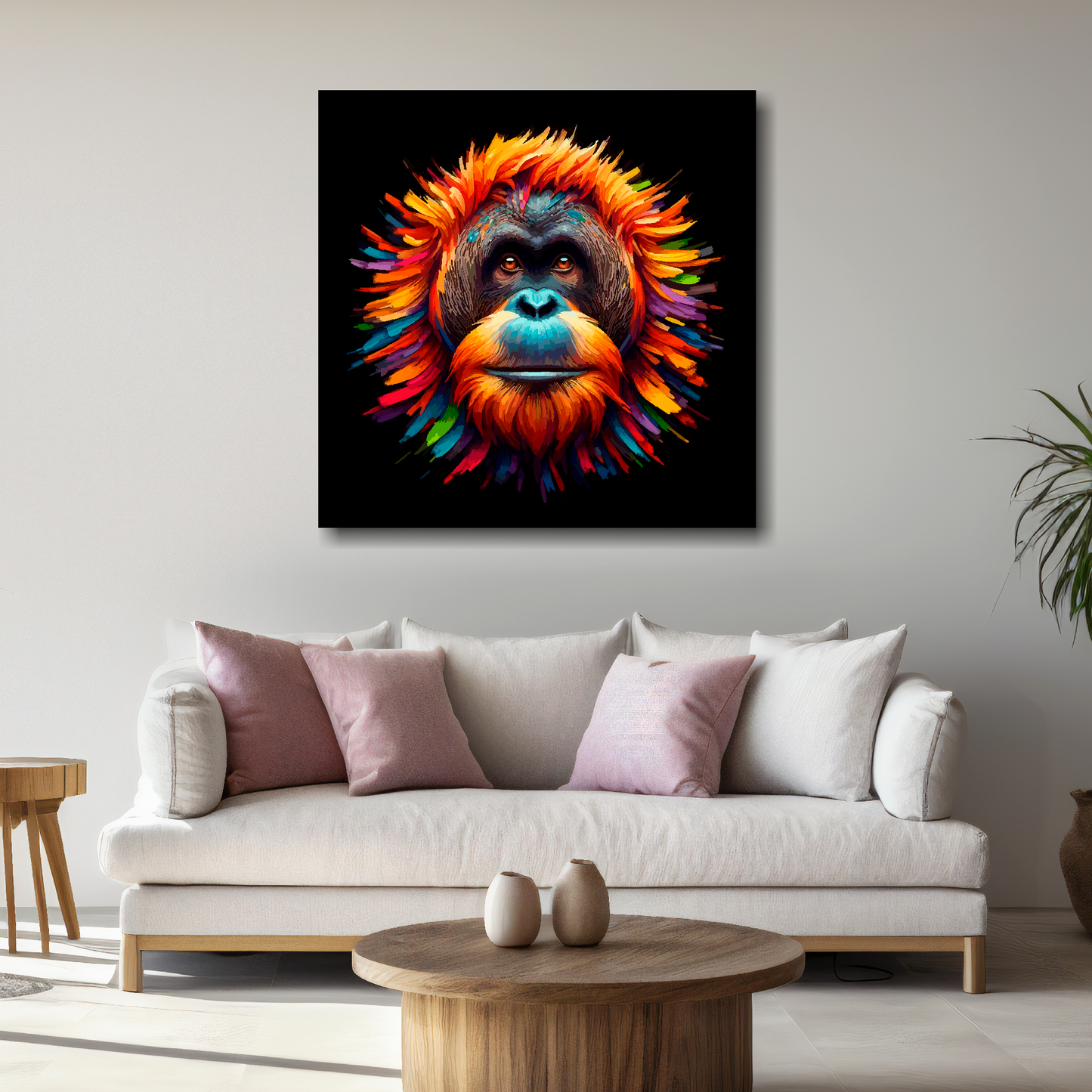 Large canvas wall art - A vibrant multi-coloured head portrait of a Orangutan. Available in 3 large sizes.
